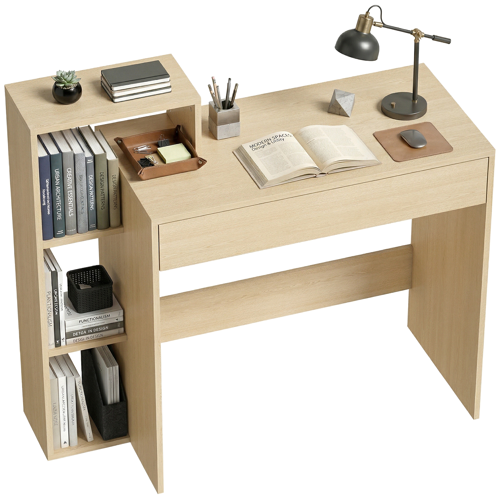 Una scrivania in legno chiaro con libri, lampada, mouse e blocco note.
