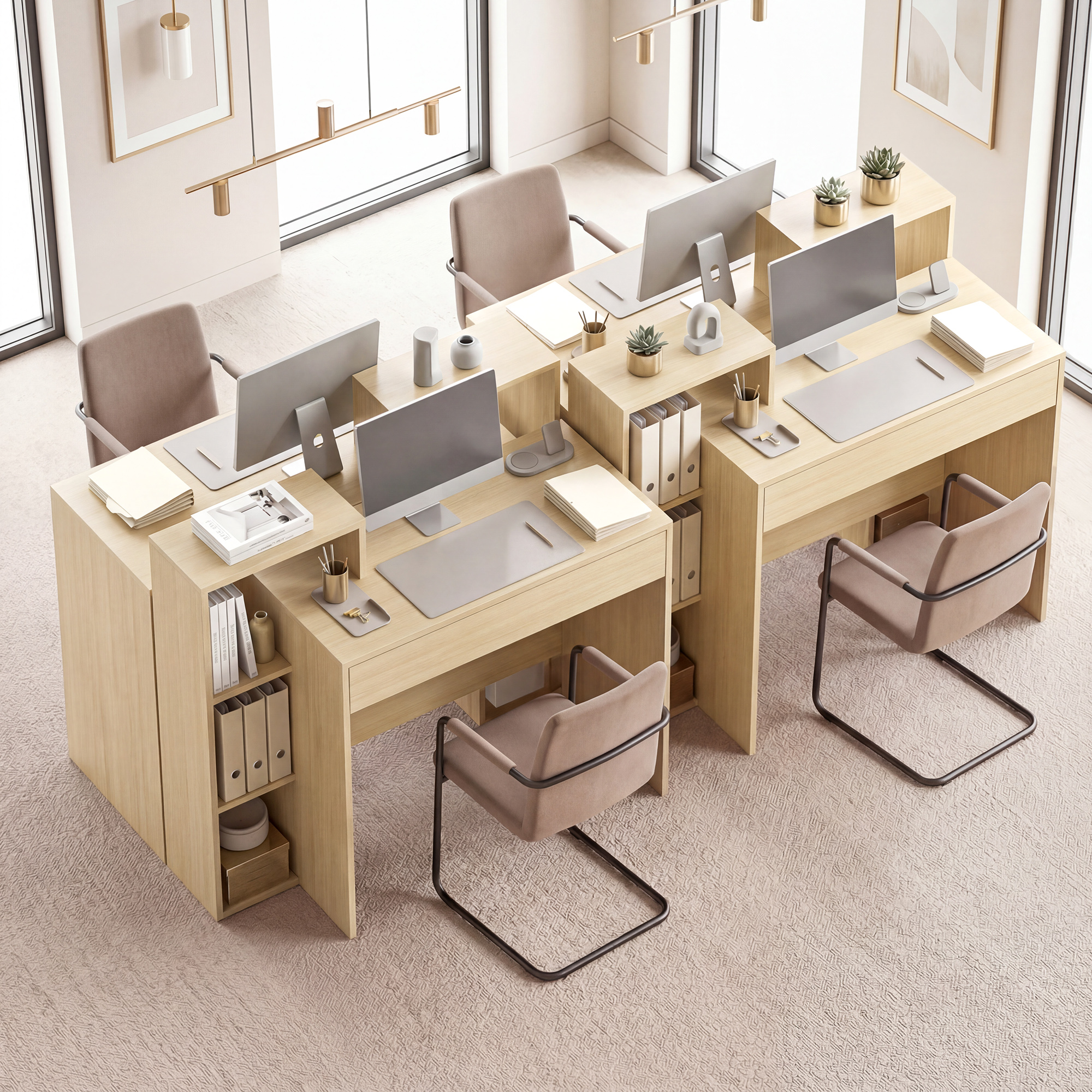 Ufficio moderno con scrivanie in legno, computer, sedie e piante.