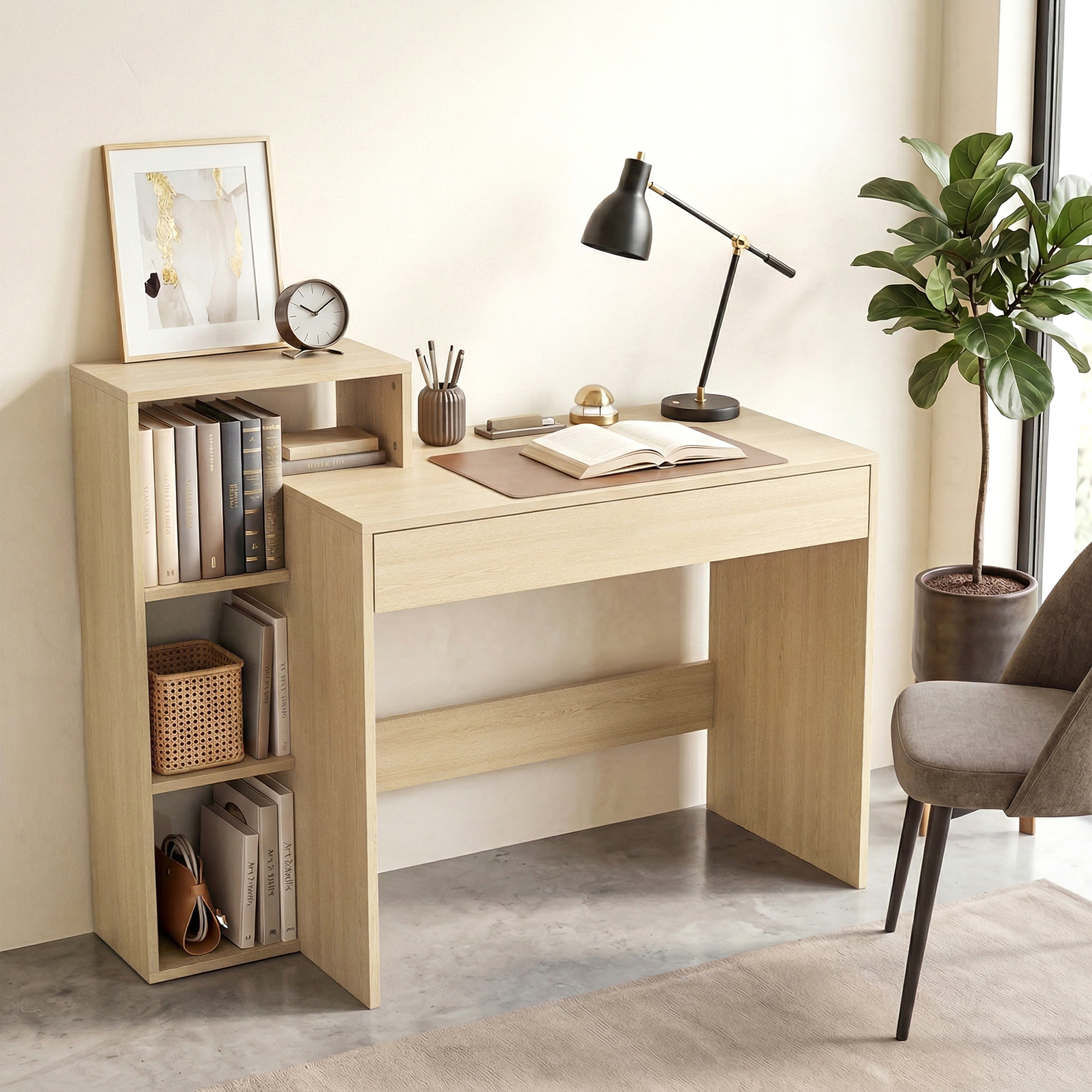 Scrivania in legno chiaro con libri, lampada, orologio, pianta e sedia.