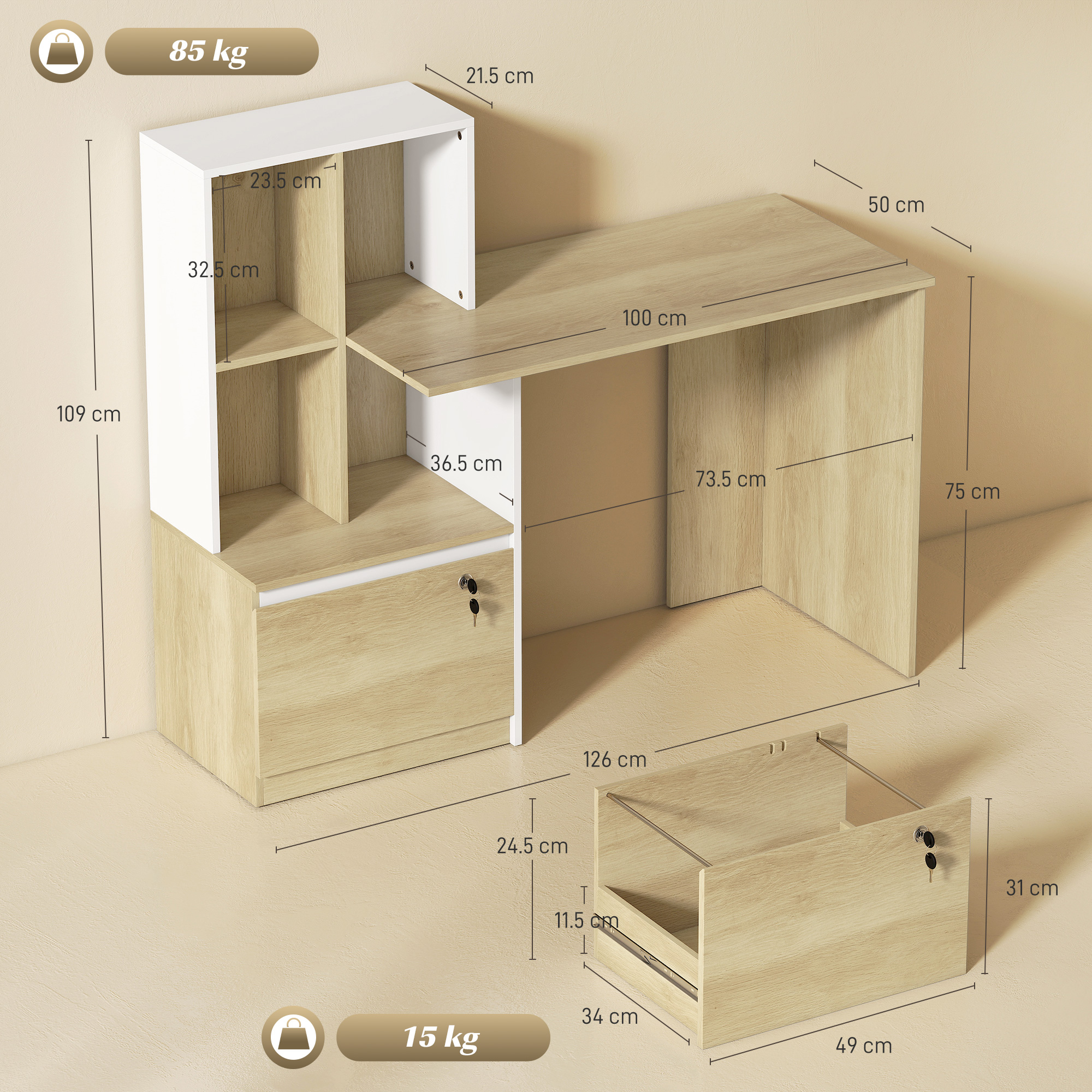 Un'unità scrivania/storage marrone chiaro e bianca con dimensioni.
