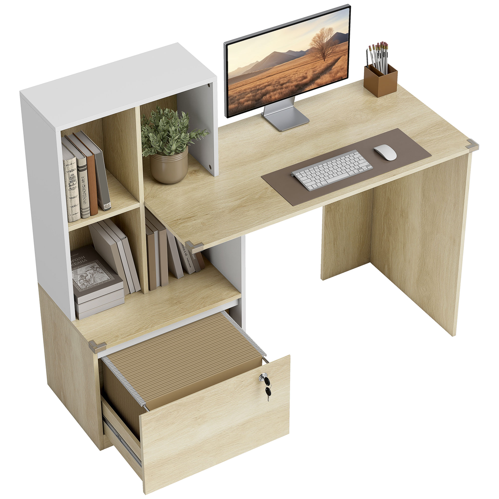 Una scrivania con monitor, tastiera, mouse, libri e una pianta.