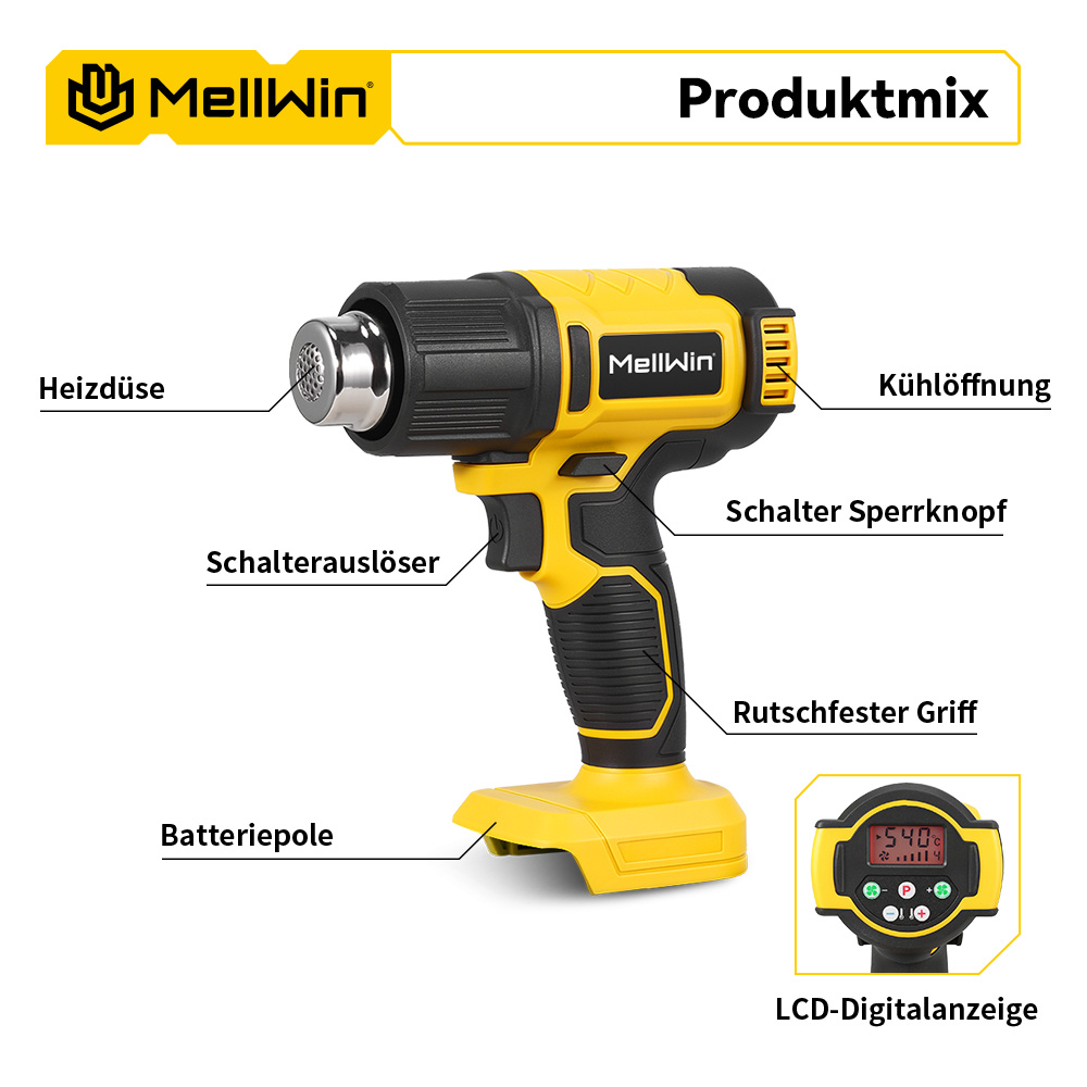 Ein gelber und schwarzer Heißluftföhn mit LCD-Anzeige und Beschriftungen.