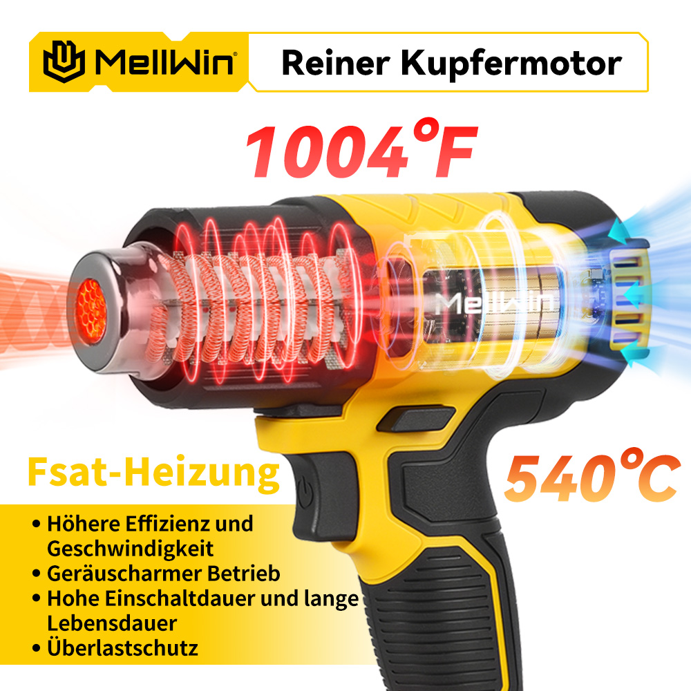 Gelber Heißluftföhn mit sichtbaren Heizelementen und Luftstromanzeigen. Maximaltemperatur 540°C.