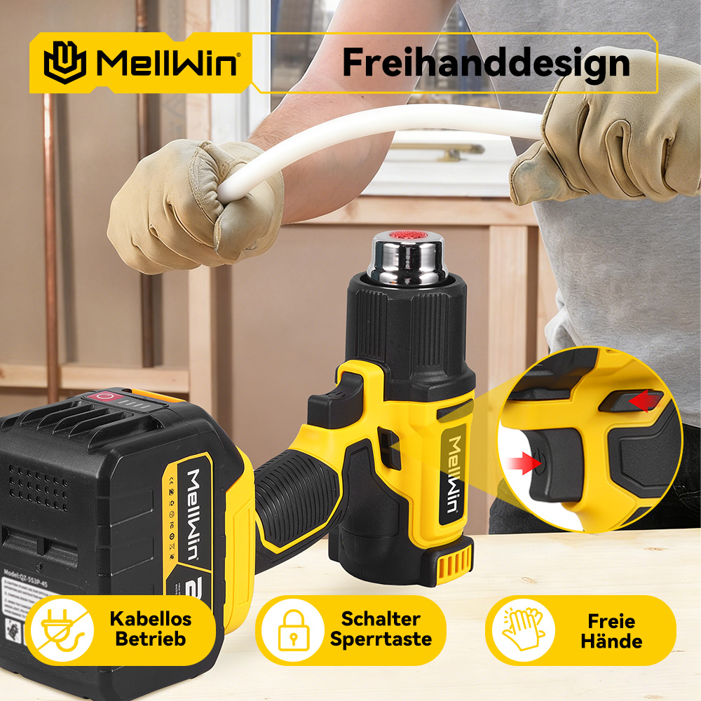 Ein Mann mit Handschuhen biegt ein weißes Rohr. Ein Heißluftföhn und Akku liegen daneben.