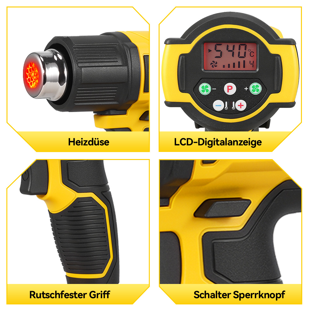 Vier Detailansichten einer gelben Heißluftpistole: Düse, LCD, Griff und Schalter.