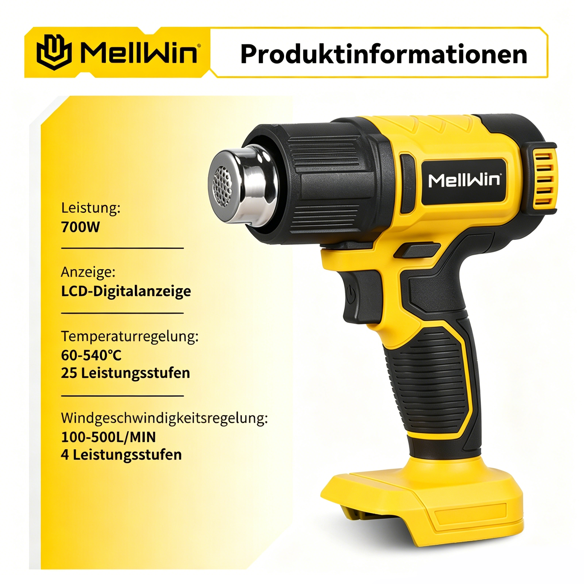 Ein gelber und schwarzer Heißluftföhn mit LCD-Display. Produktinformationen sind links aufgeführt.