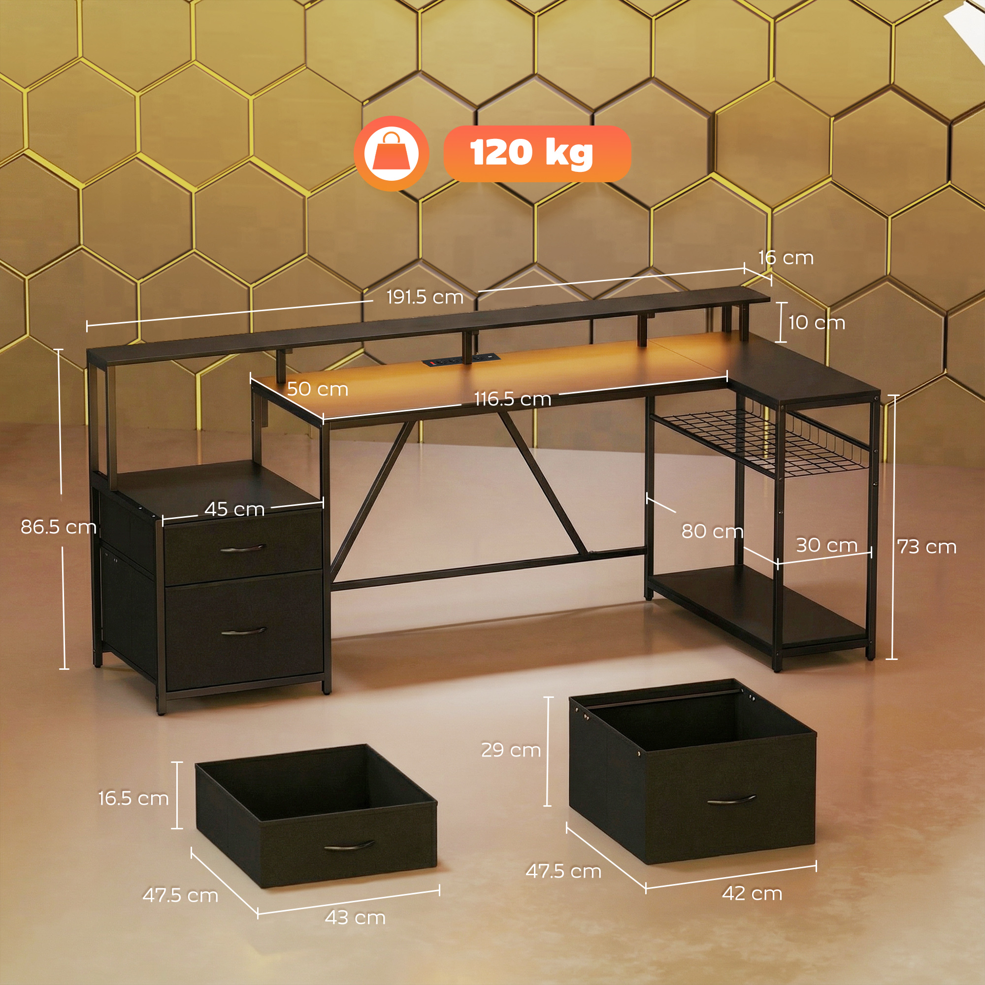 Una scrivania nera con piano in legno, cassetti e ripiani.
