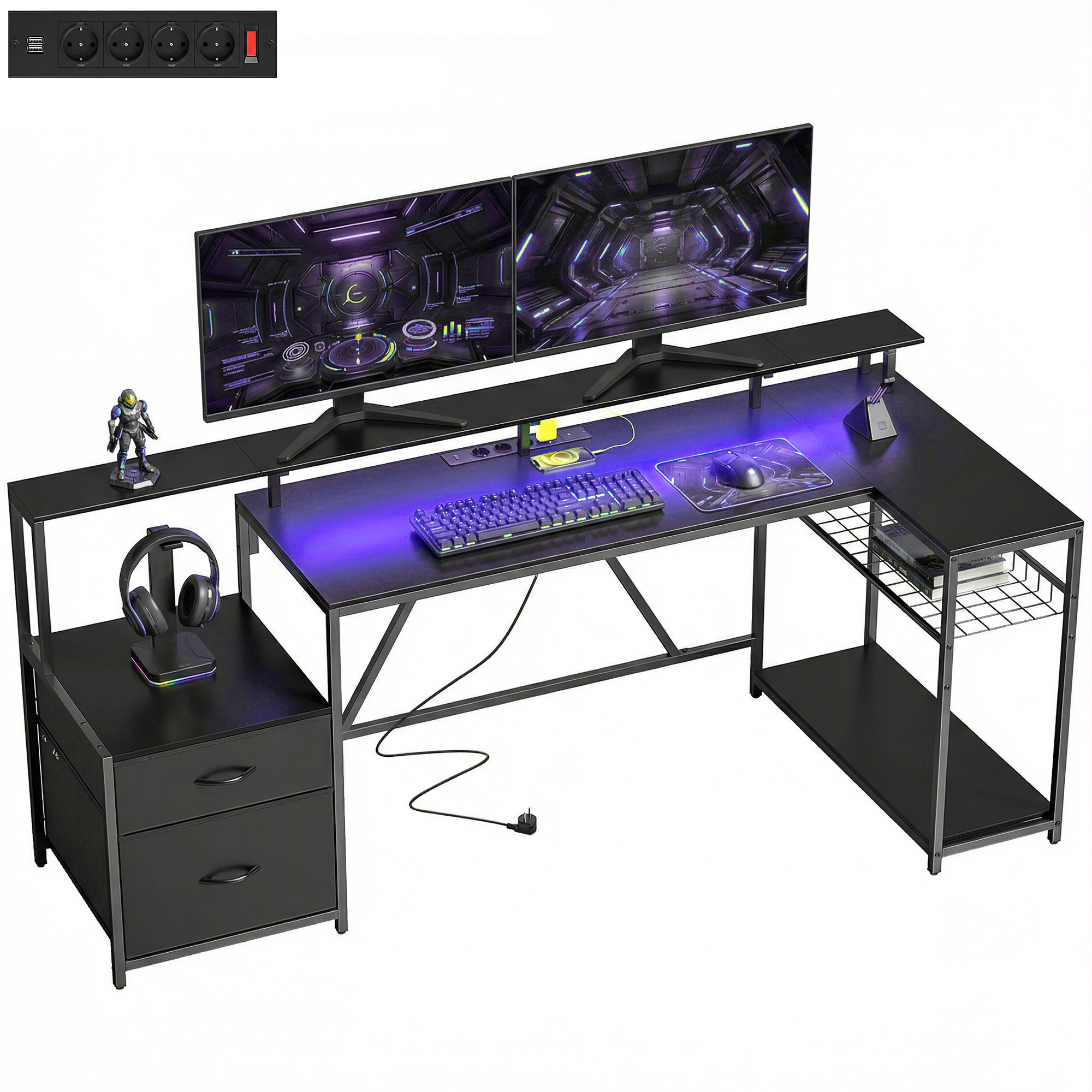 Scrivania moderna a L con doppio monitor, tastiera, mouse e cuffie.