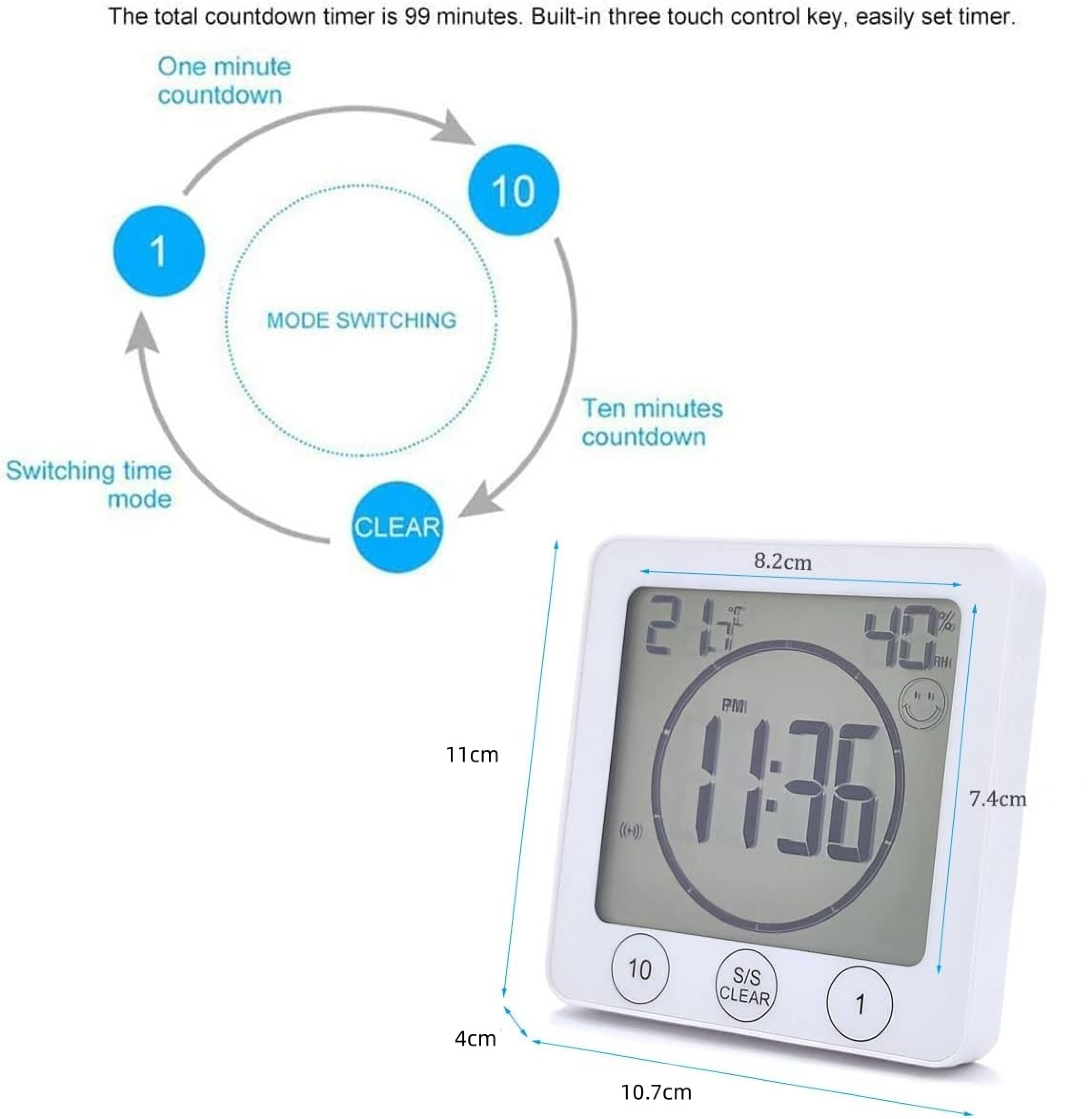 Weiße Digitaluhr zeigt 1:36, 21°C, 40% RH. Maße: 10,7x7,4x8,2cm.
