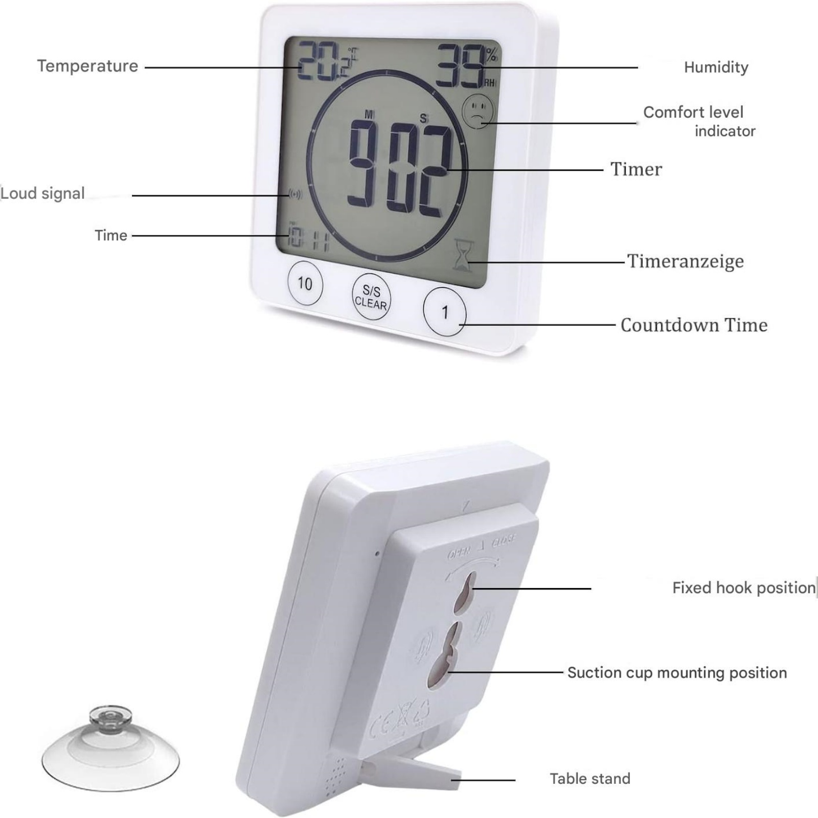 Digitaler Timer zeigt 20,2°C Temp, 39% Luftfeuchte und 9:02 Uhr. Mit Haken und Ständer.