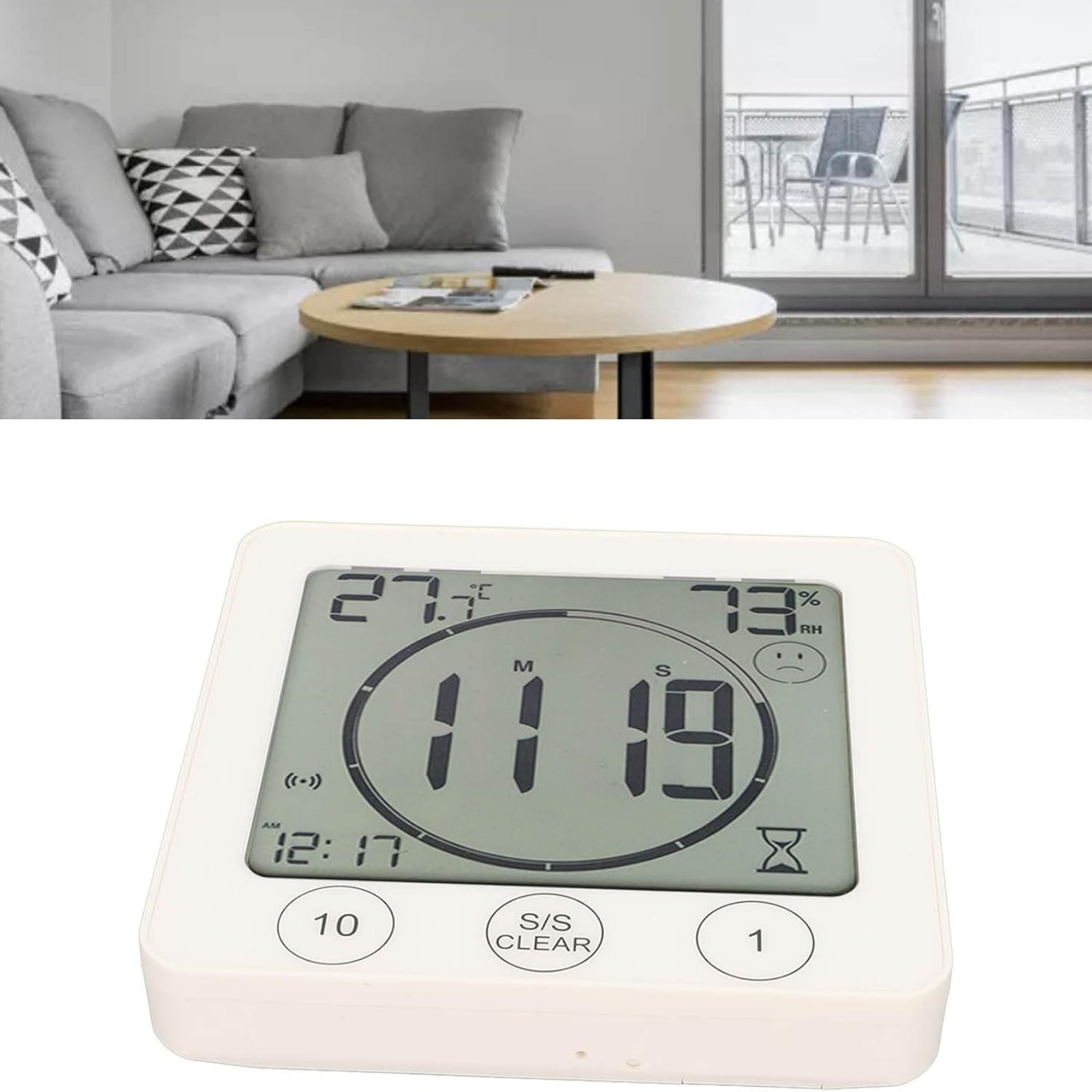 Ein digitaler Thermometer/Hygrometer zeigt 27,1 Grad, 73 % Luftfeuchtigkeit, 11:19 Uhr und 12:17 Uhr an.
