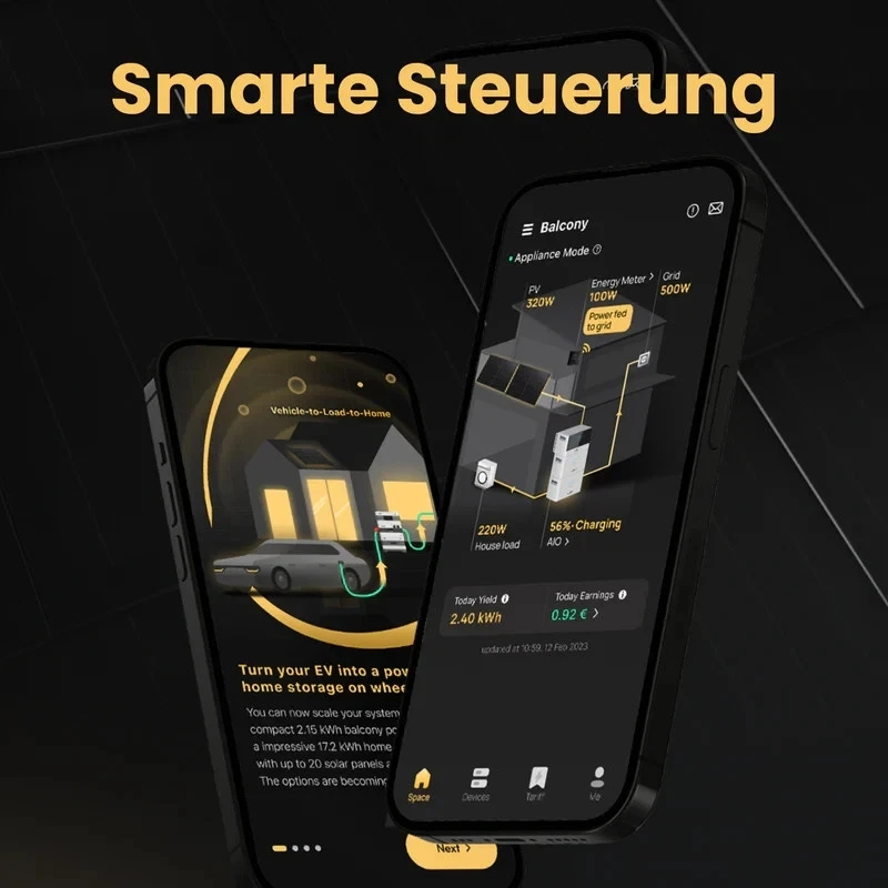 Zwei Smartphones zeigen ein smartes Energiemanagementsystem für zu Hause.