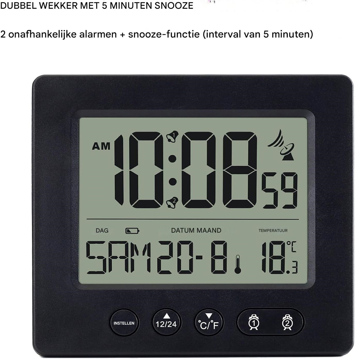 Schwarzer Digitalwecker zeigt 10:08 Uhr, Datum und 18,3°C an.