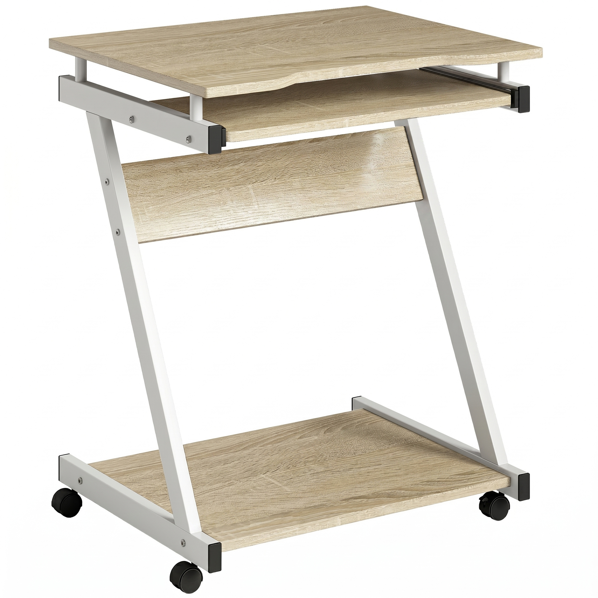 Un tavolo in legno chiaro a due livelli con un ripiano estraibile e ruote.