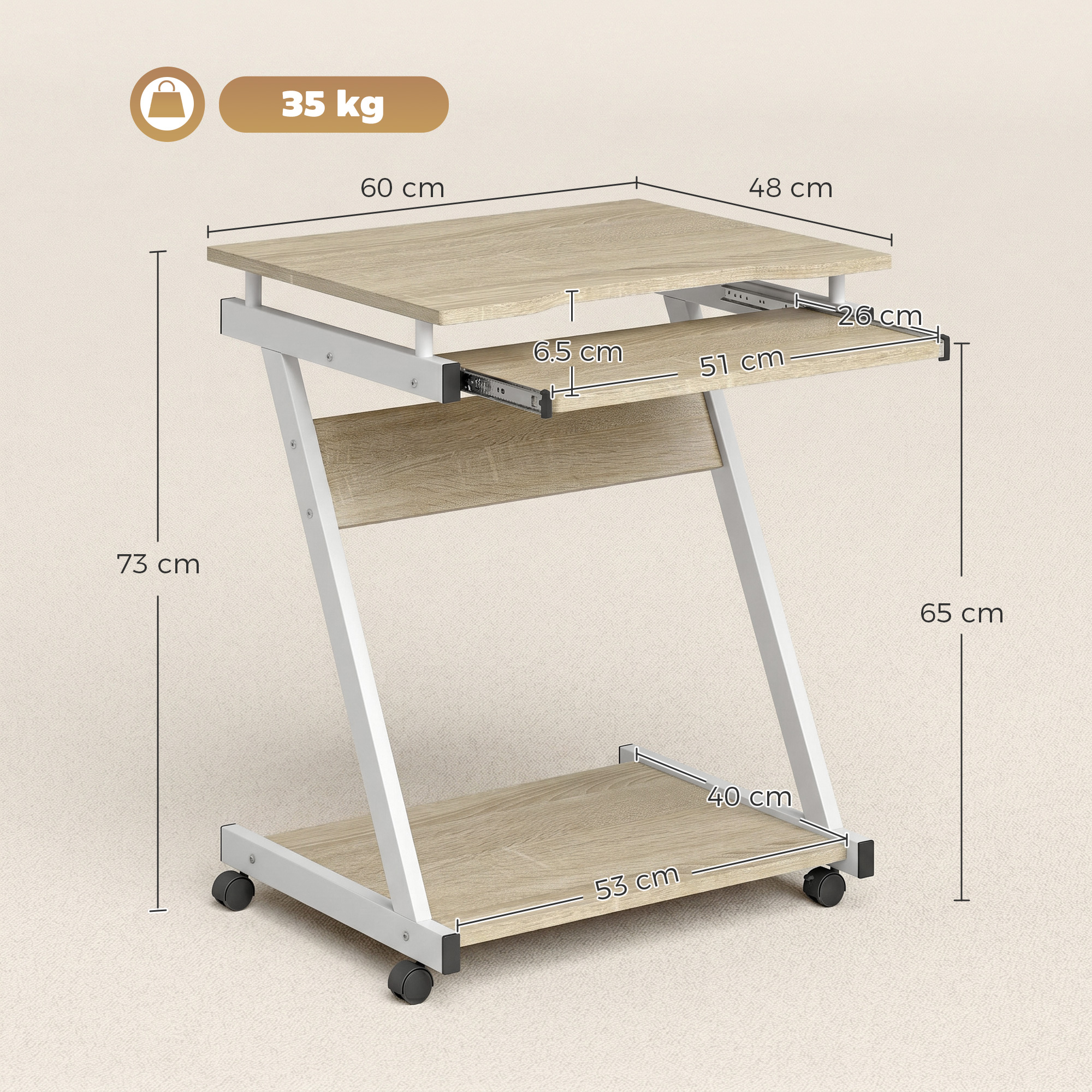 Scrivania per computer in legno con cassetto e ruote, dimensioni indicate.