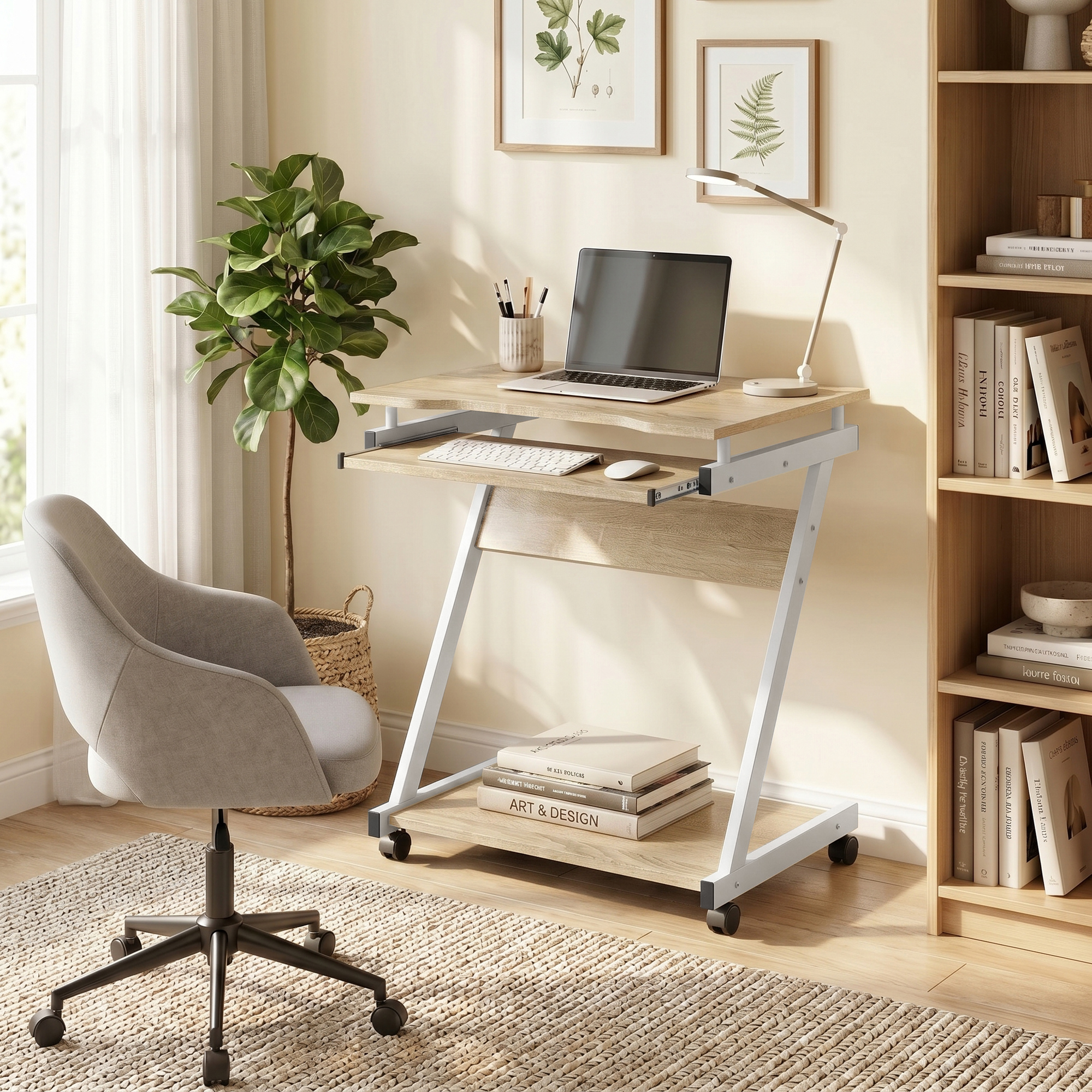 Una scrivania con laptop, tastiera e mouse, accanto a una sedia e una libreria.