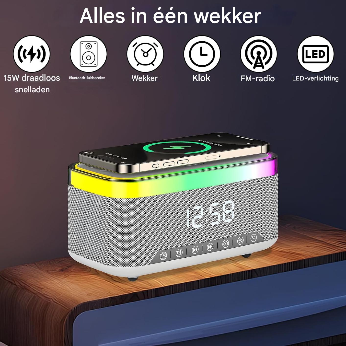Ein multifunktionaler Wecker mit kabellosem Laden, Lautsprecher, Uhr und LED-Licht.