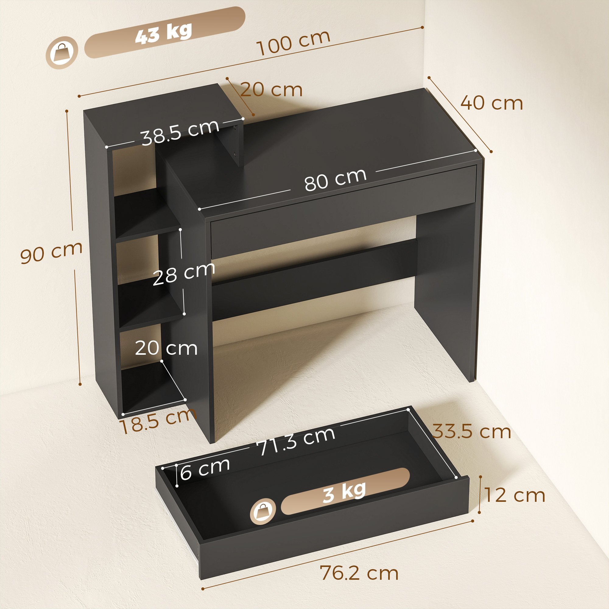 Scrivania nera con dimensioni e ripiani. Un cassetto è estratto.