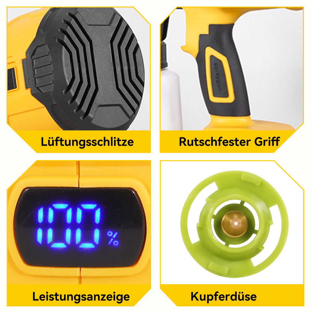 Vier Detailaufnahmen eines gelben Geräts: Lüftungsschlitze, Griff, Anzeige, Düse.