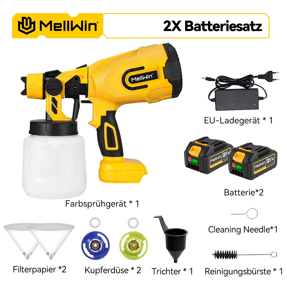 Gelbes Sprühgerät mit Zubehör: 2 Akkus, Ladegerät, Düsen, Trichter, Filter.