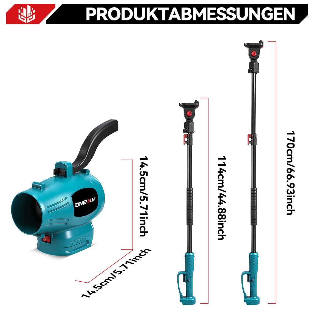 Ein blauer Laubbläser und zwei Teleskopstangen mit Maßen.