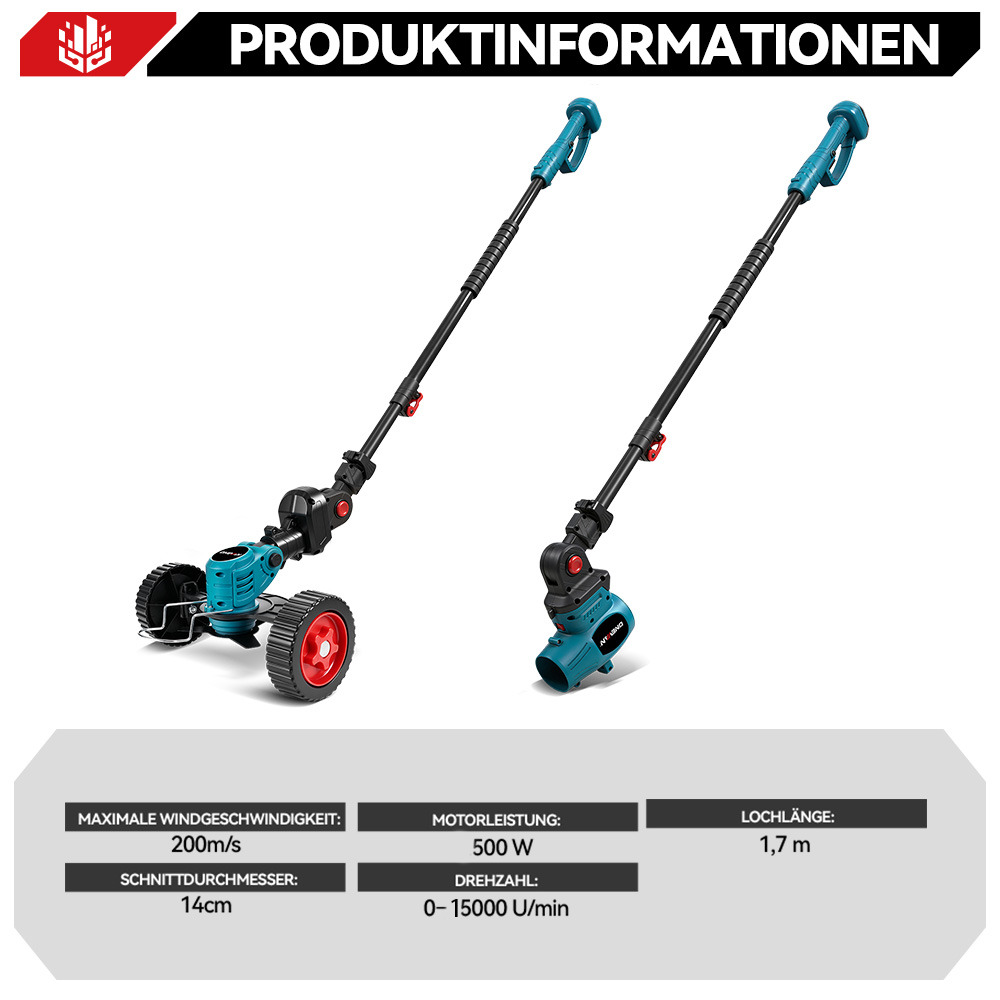 Zwei teal und schwarze Rasenmäher mit Rädern und langen Stielen auf weißem Grund.