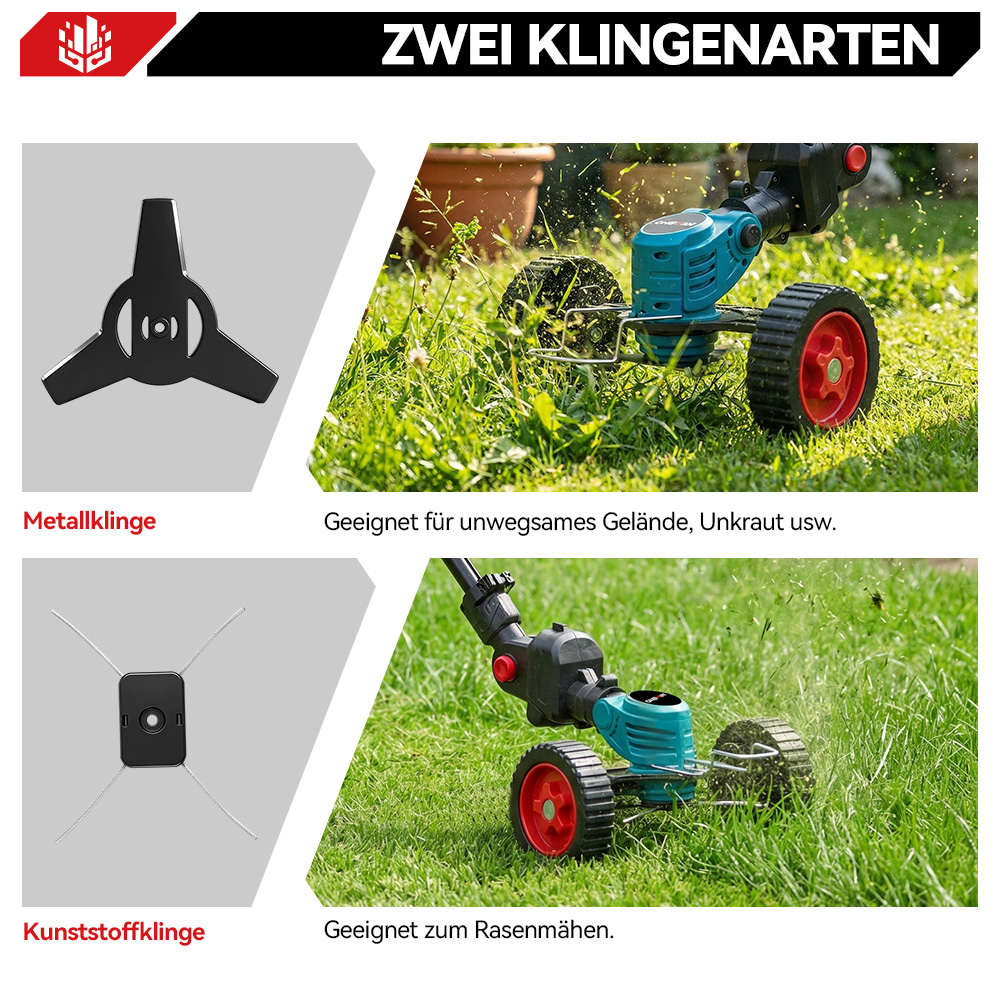 Zwei Klingenarten: Metallklinge für unwegsames Gelände, Kunststoffklinge für Rasen.