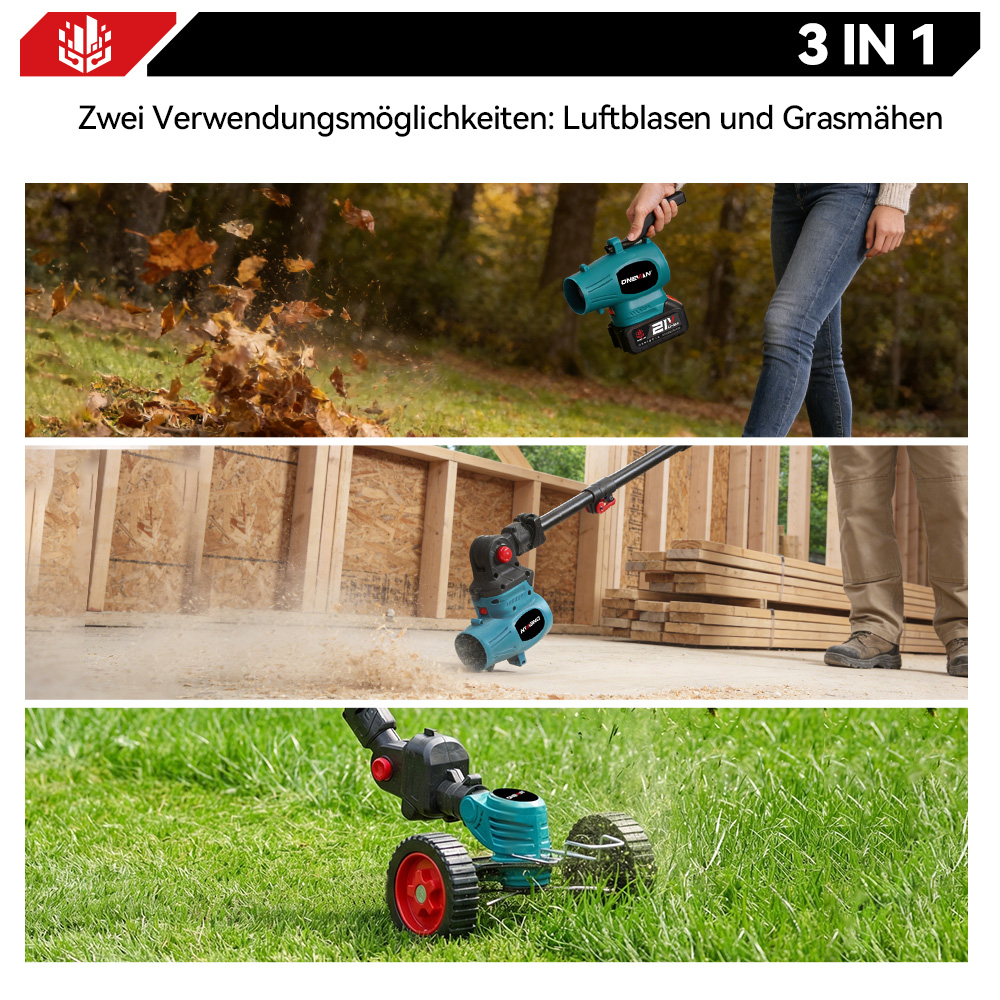 Drei Geräte in einem: Laubbläser, Trimmer und Rasenmäher. Mehrzweckwerkzeug.
