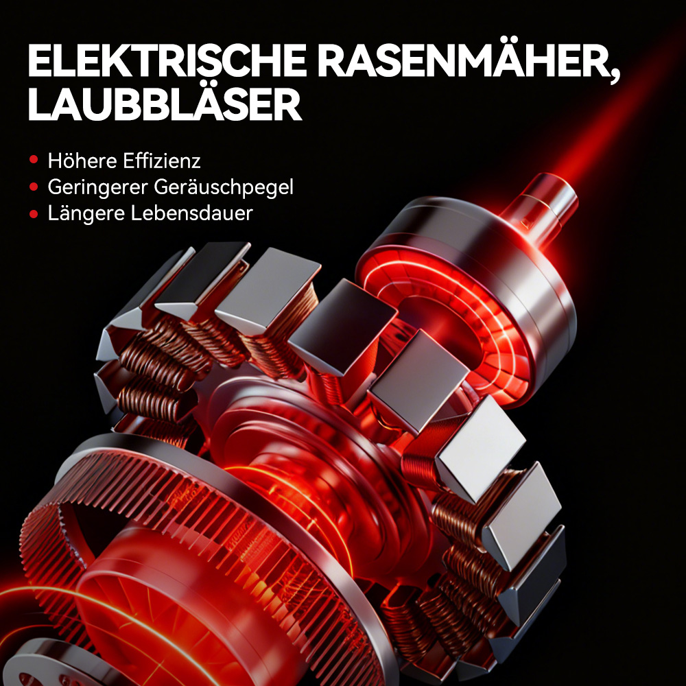 Detailansicht eines roten, leuchtenden Motors mit Spulen und Zahnrädern.