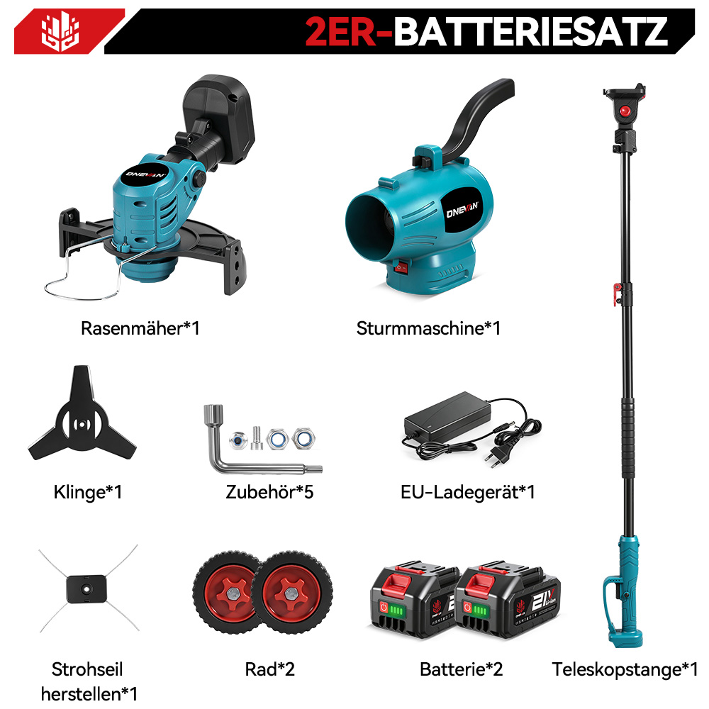 Ein Satz Gartengeräte mit Rasenmäher, Laubbläser, Klinge, Zubehör, Ladegerät, Räder, Batterien und Teleskopstange.
