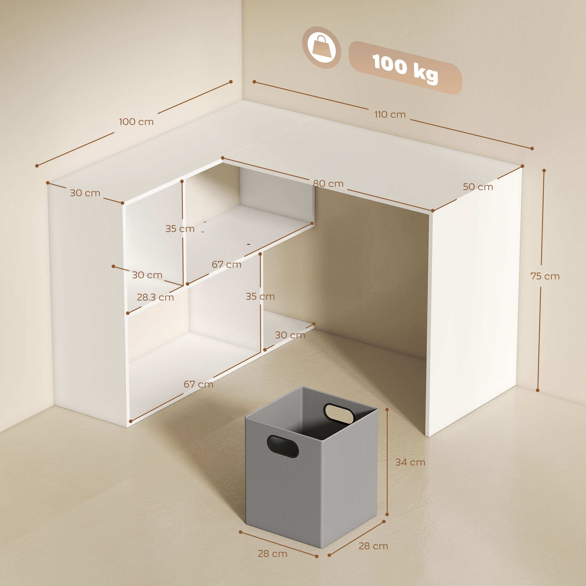Scaffale angolare bianco con dimensioni e un cesto grigio davanti.