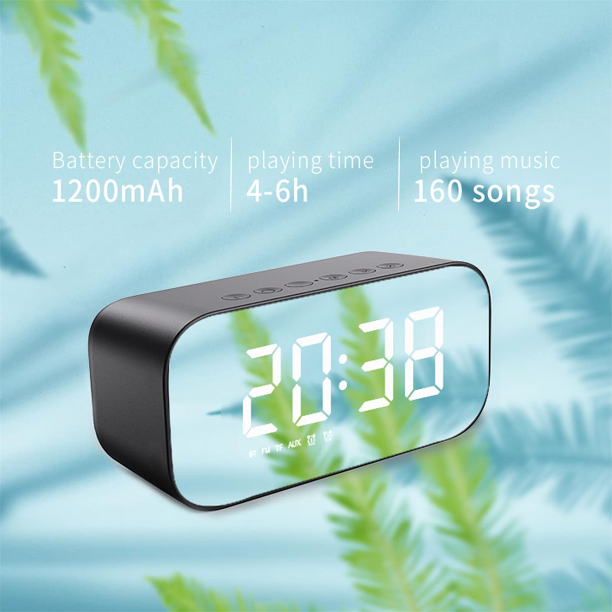 Eine schwarze Digitaluhr mit Spiegelbildschirm zeigt 20:38. Specs: 1200mAh Akku.