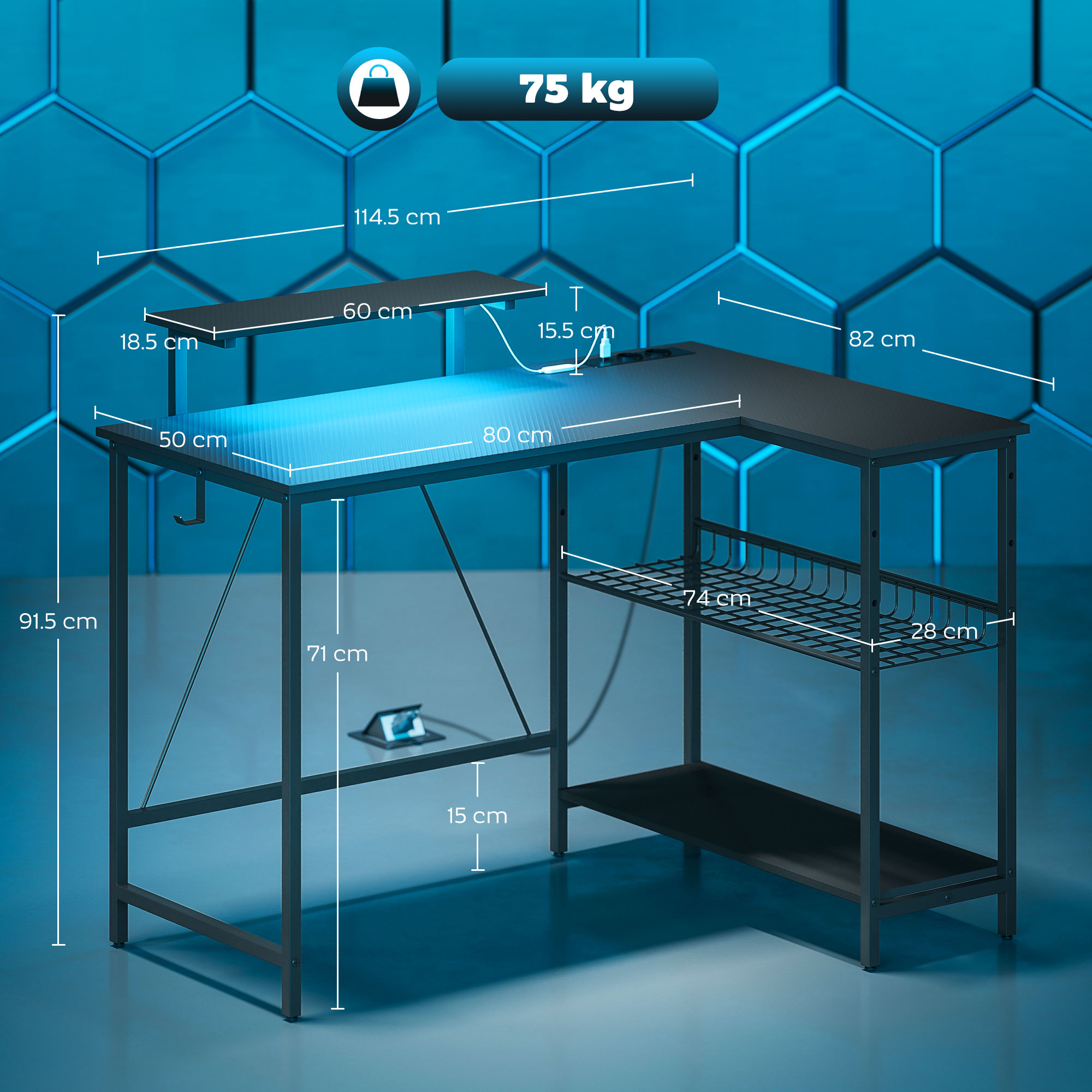 Scrivania nera a L con ripiano e dimensioni, capacità 75 kg.