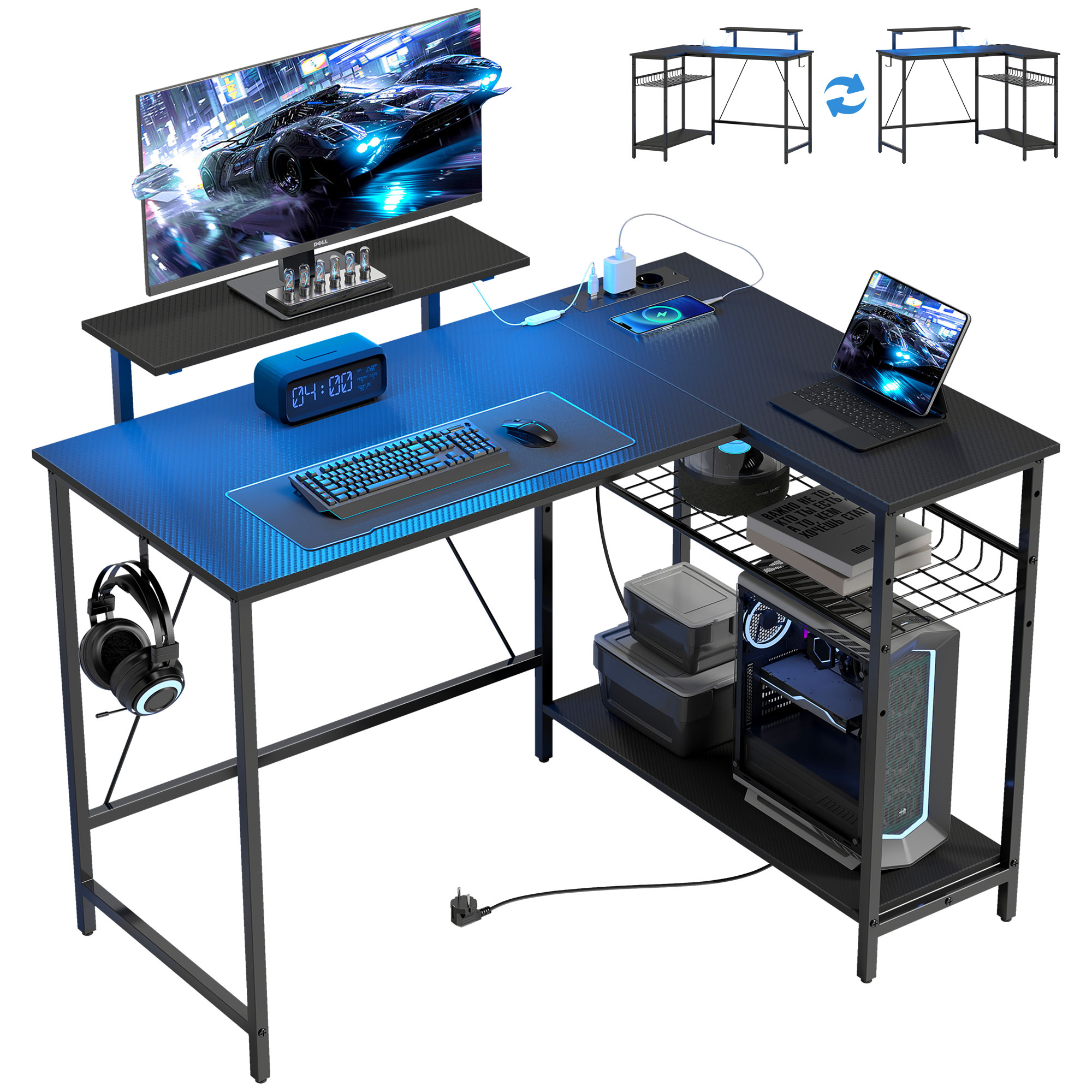 Una scrivania angolare con attrezzatura informatica, tastiera, mouse, cuffie, orologio e un PC.