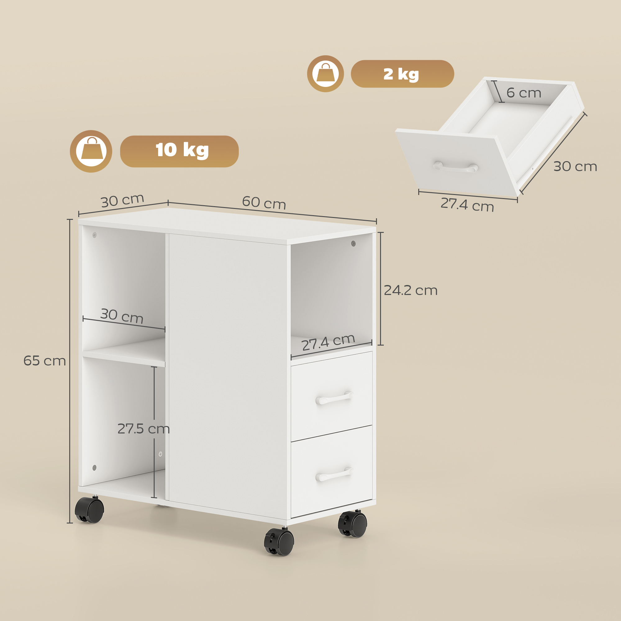 Mobile bianco su ruote con cassetti e ripiano. Dimensioni indicate.