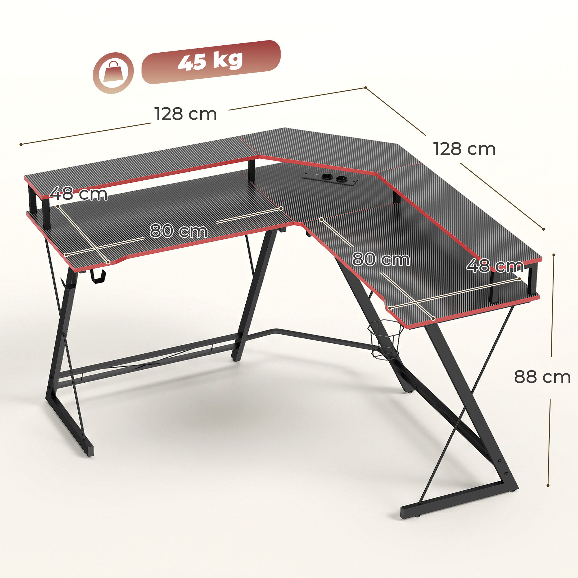 Scrivania nera a L con bordo rosso, 128x128x48x80x88cm.
