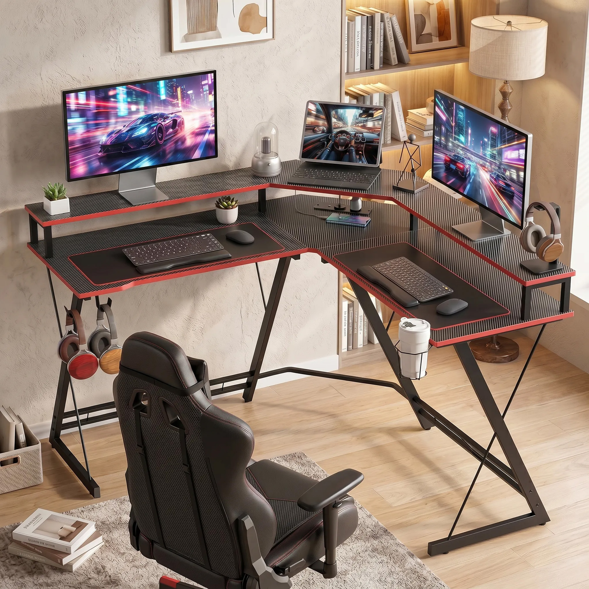 Una scrivania a L con tre monitor, tastiere, cuffie e una sedia.