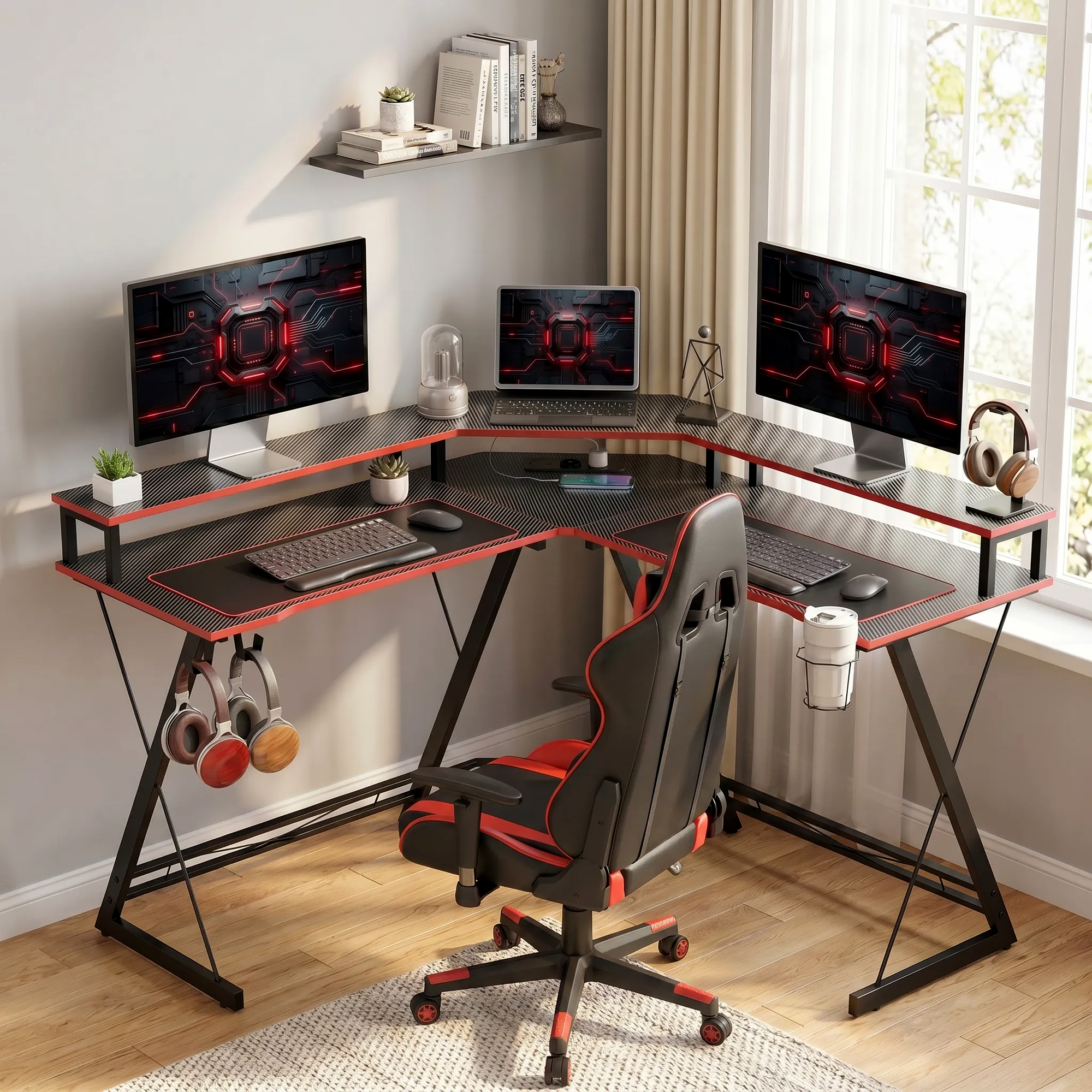 Una scrivania angolare con due monitor, tastiere, un laptop e una sedia da gaming.