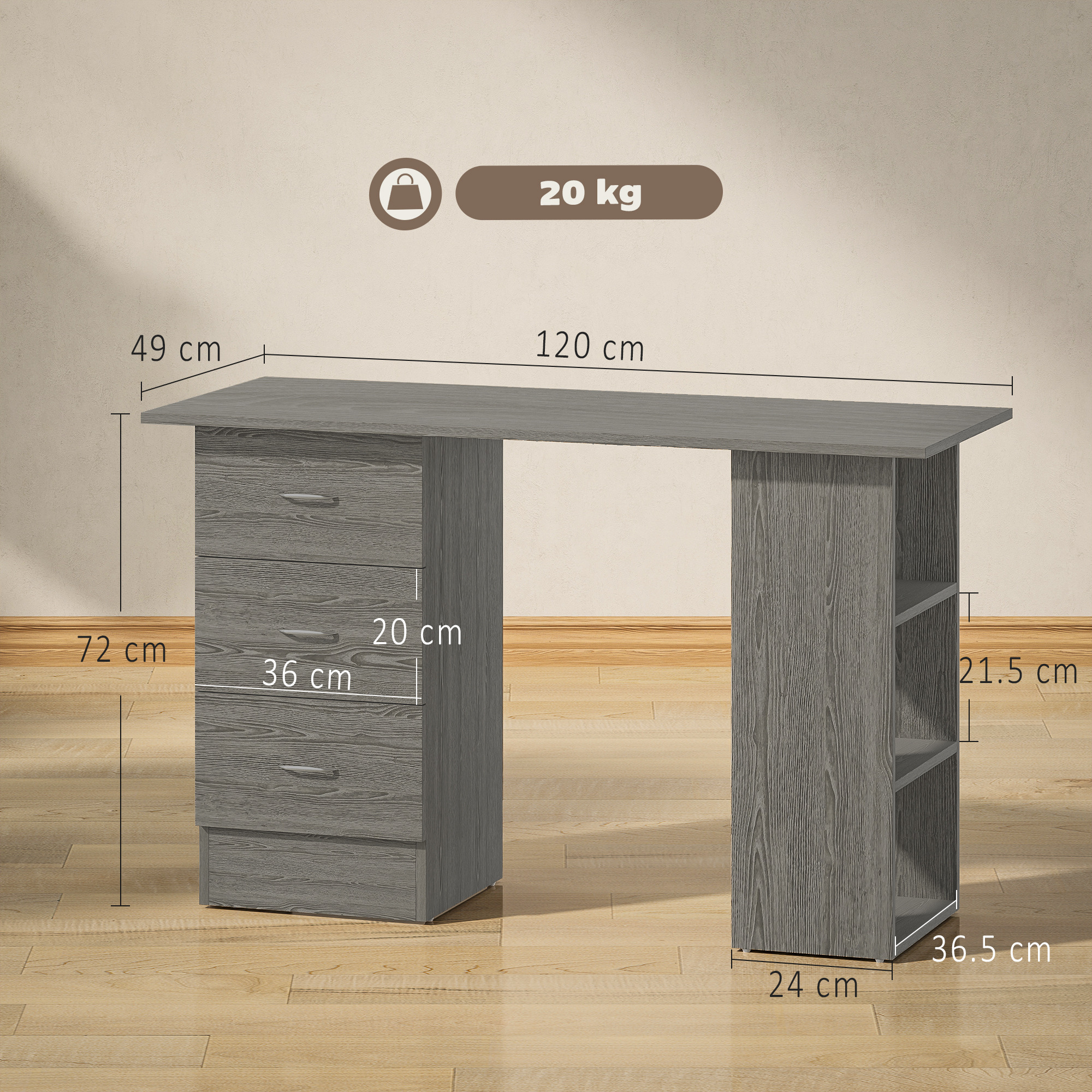 Una scrivania in legno grigio con cassetti e mensole. Dimensioni indicate.