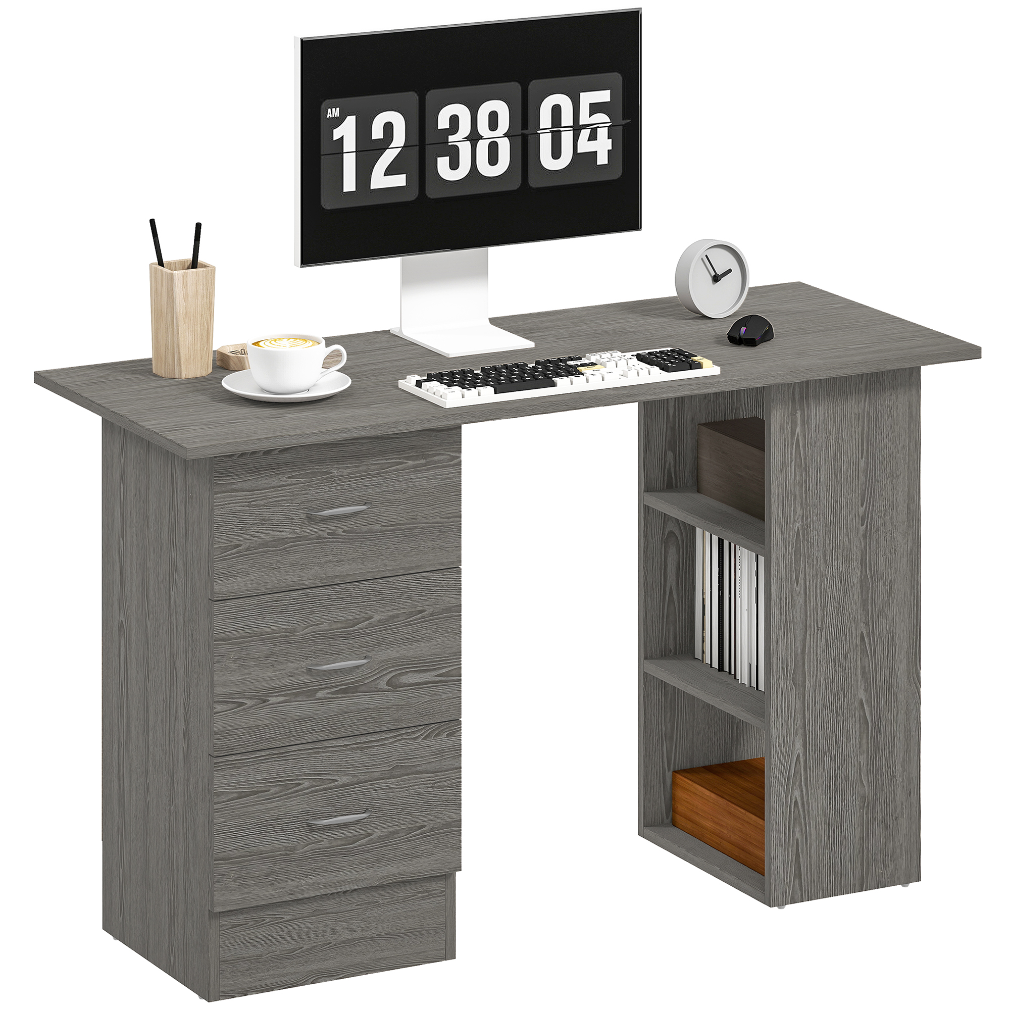 Una scrivania grigia con cassetti, tastiera, mouse, orologio, caffè e un monitor.