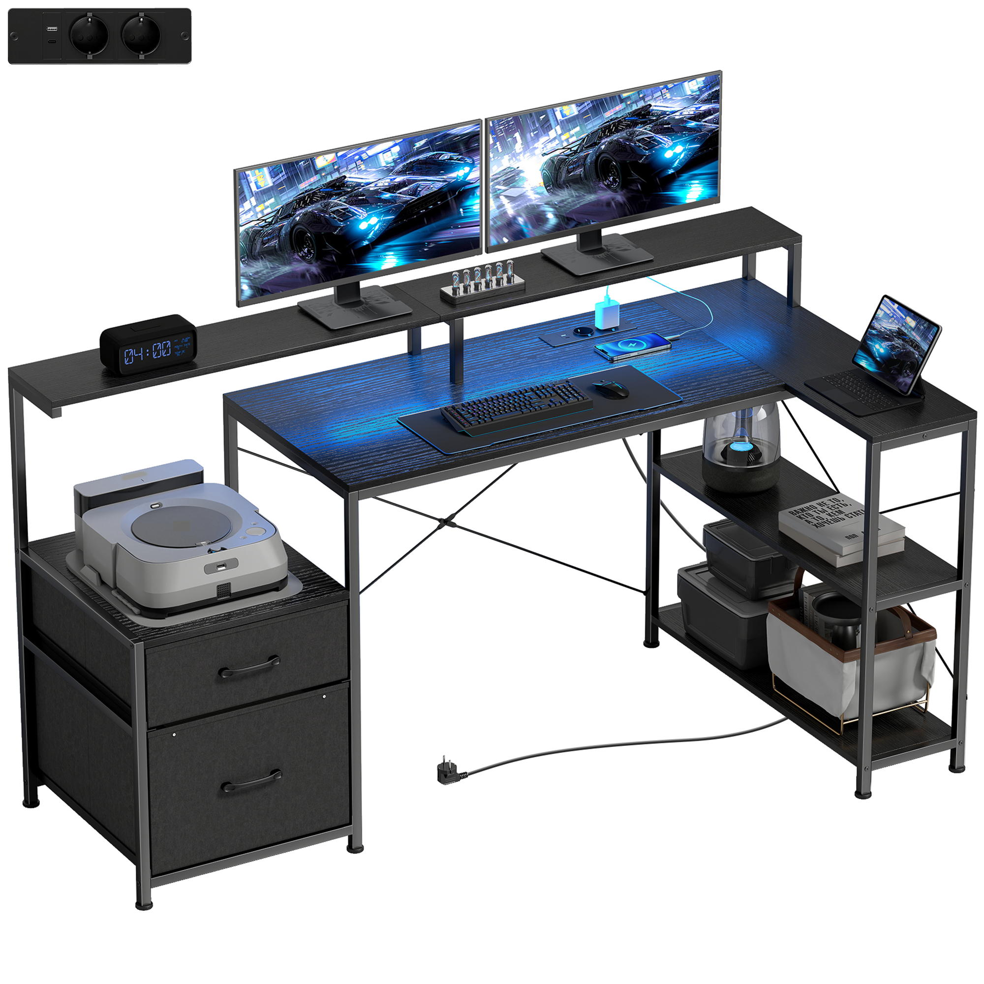 Una postazione da scrivania moderna a forma di L con doppio monitor, tastiera, mouse e laptop. Presenta illuminazione LED blu.