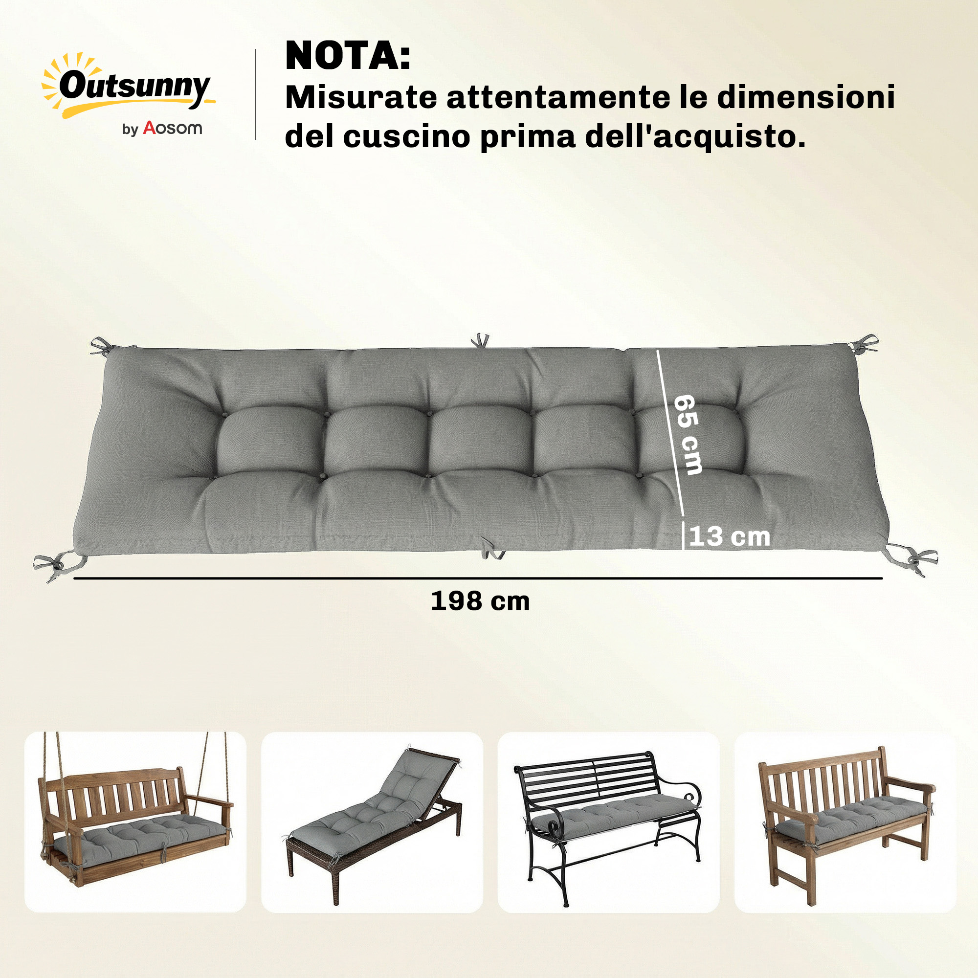 Cuscino grigio 198x65x13 cm con 4 cuscini più piccoli su sfondo chiaro.