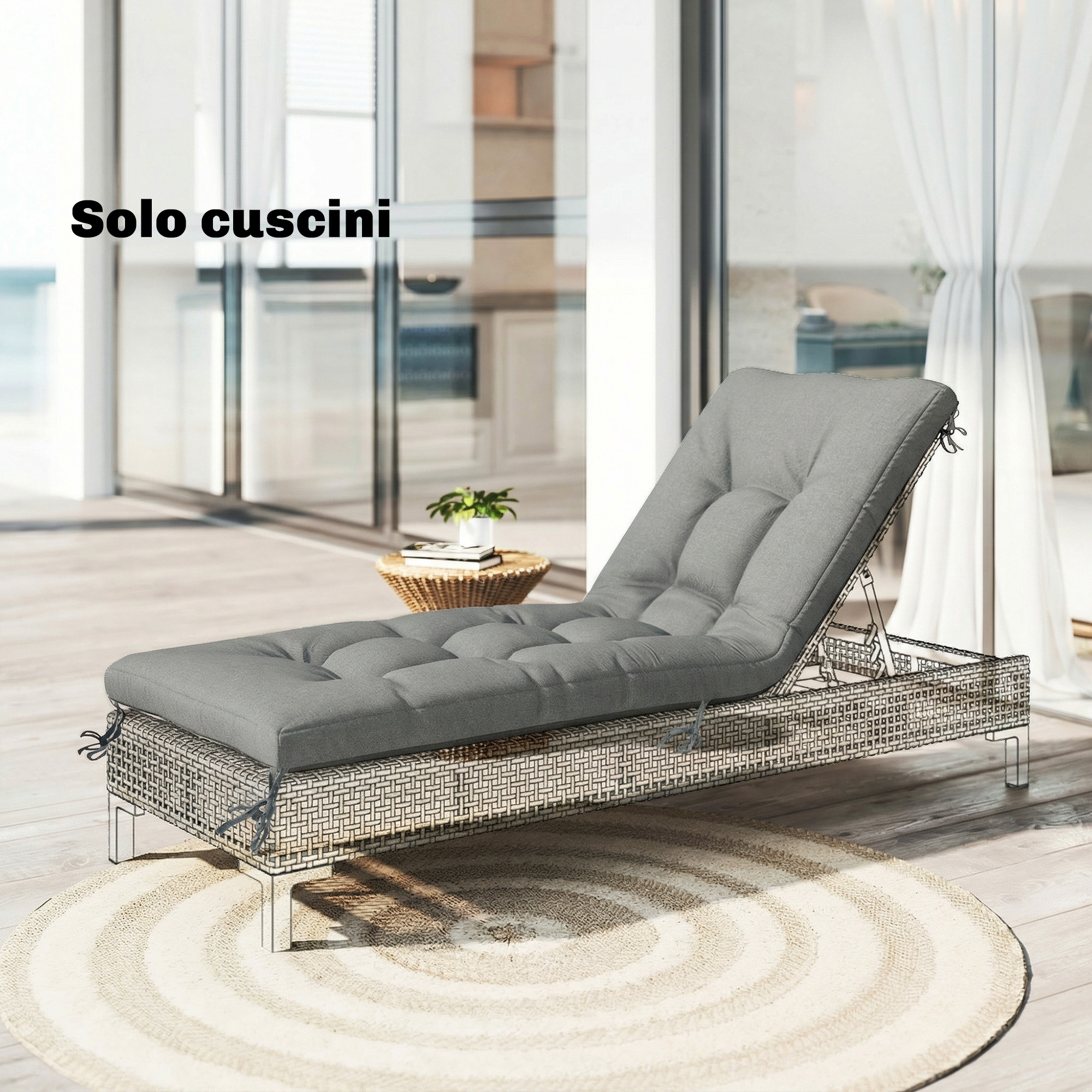 Cuscino da sdraio grigio su sedia in rattan con tappeto rotondo.
