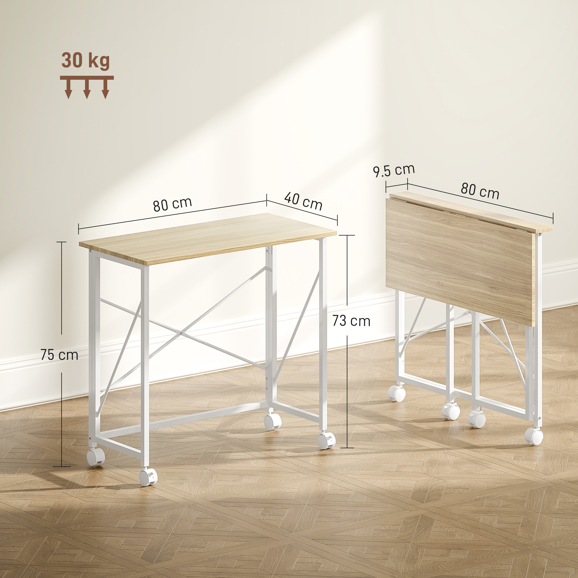 Tavolo in legno chiaro con gambe in metallo bianco, parzialmente piegato.