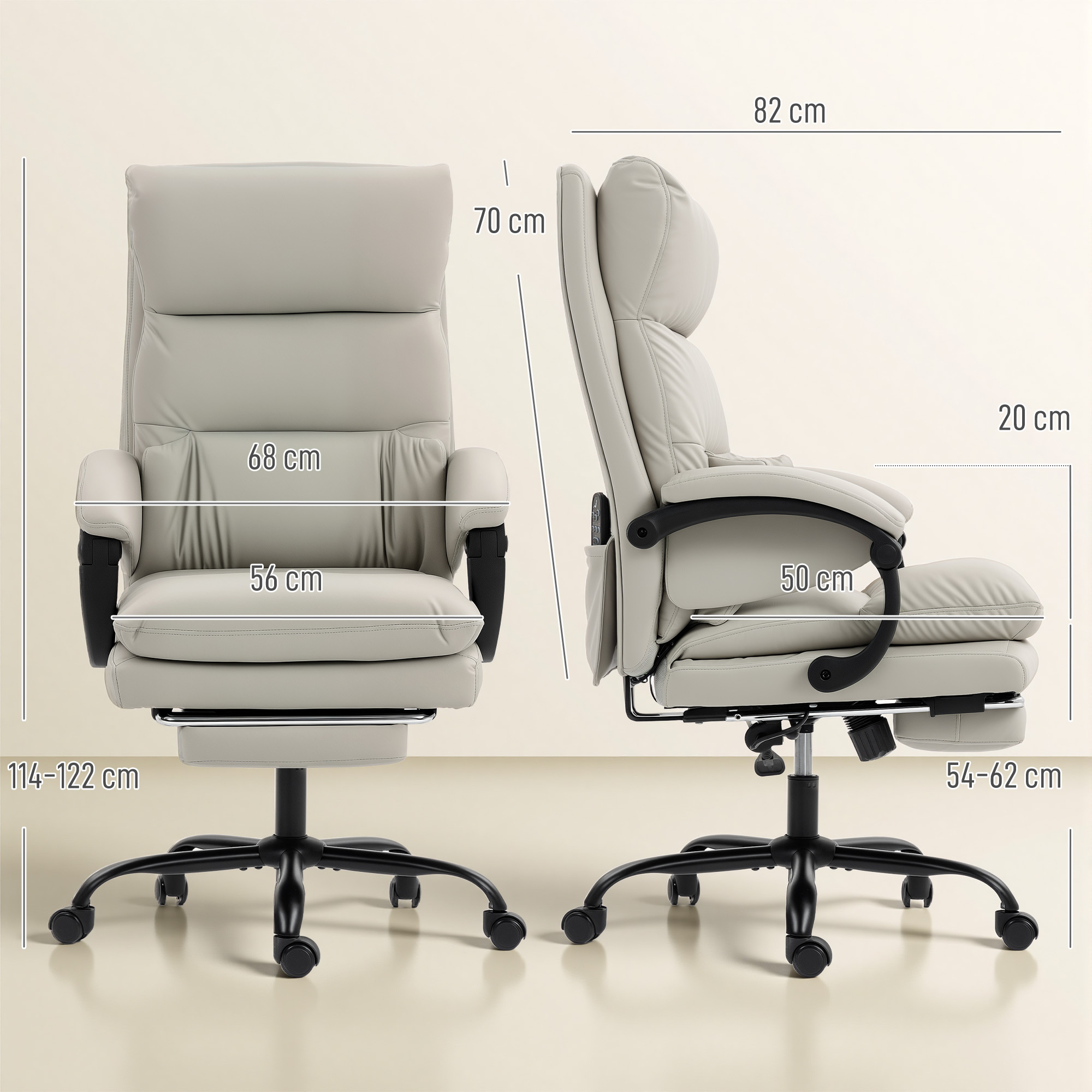 Sedia da ufficio grigia con dimensioni: altezza 70-82 cm, altezza seduta 54-62 cm.