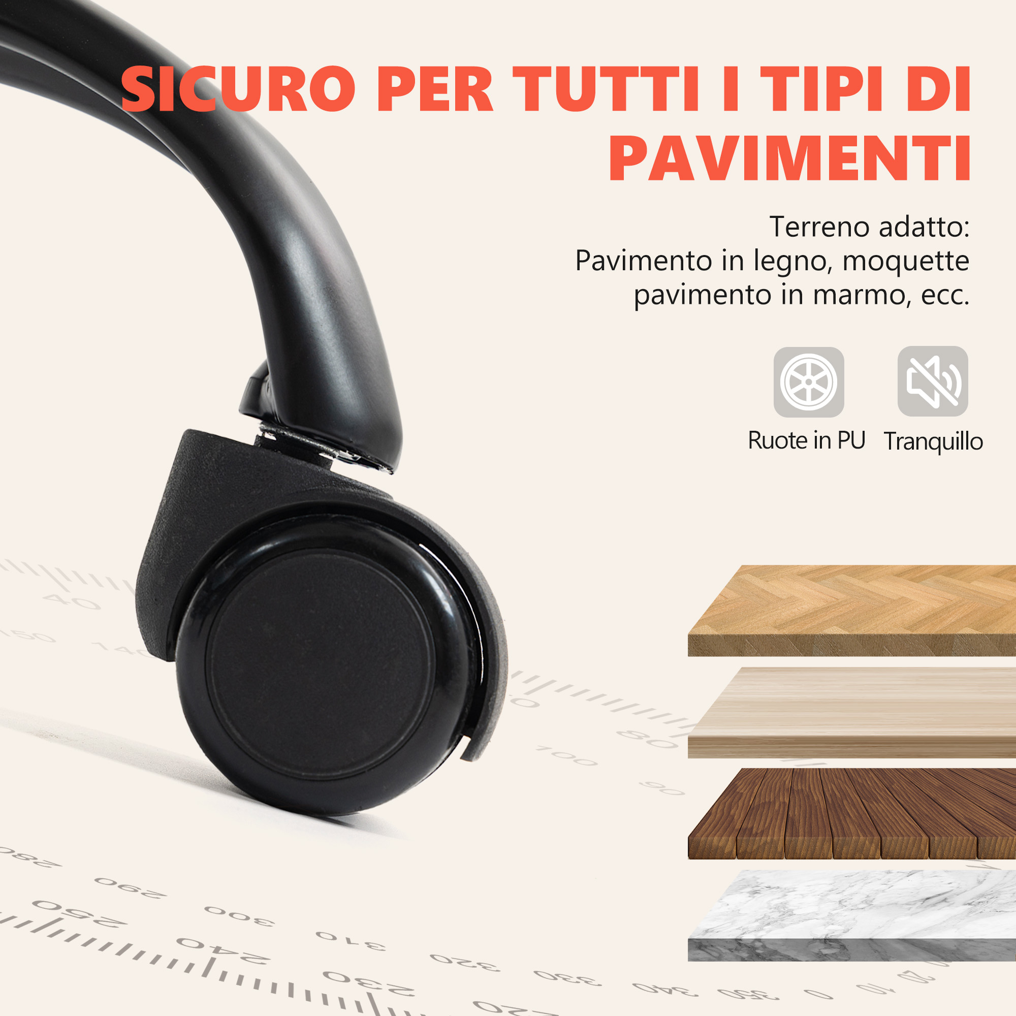 Una rotella di sedia da ufficio nera è a fuoco. Accanto ci sono motivi di pavimento.