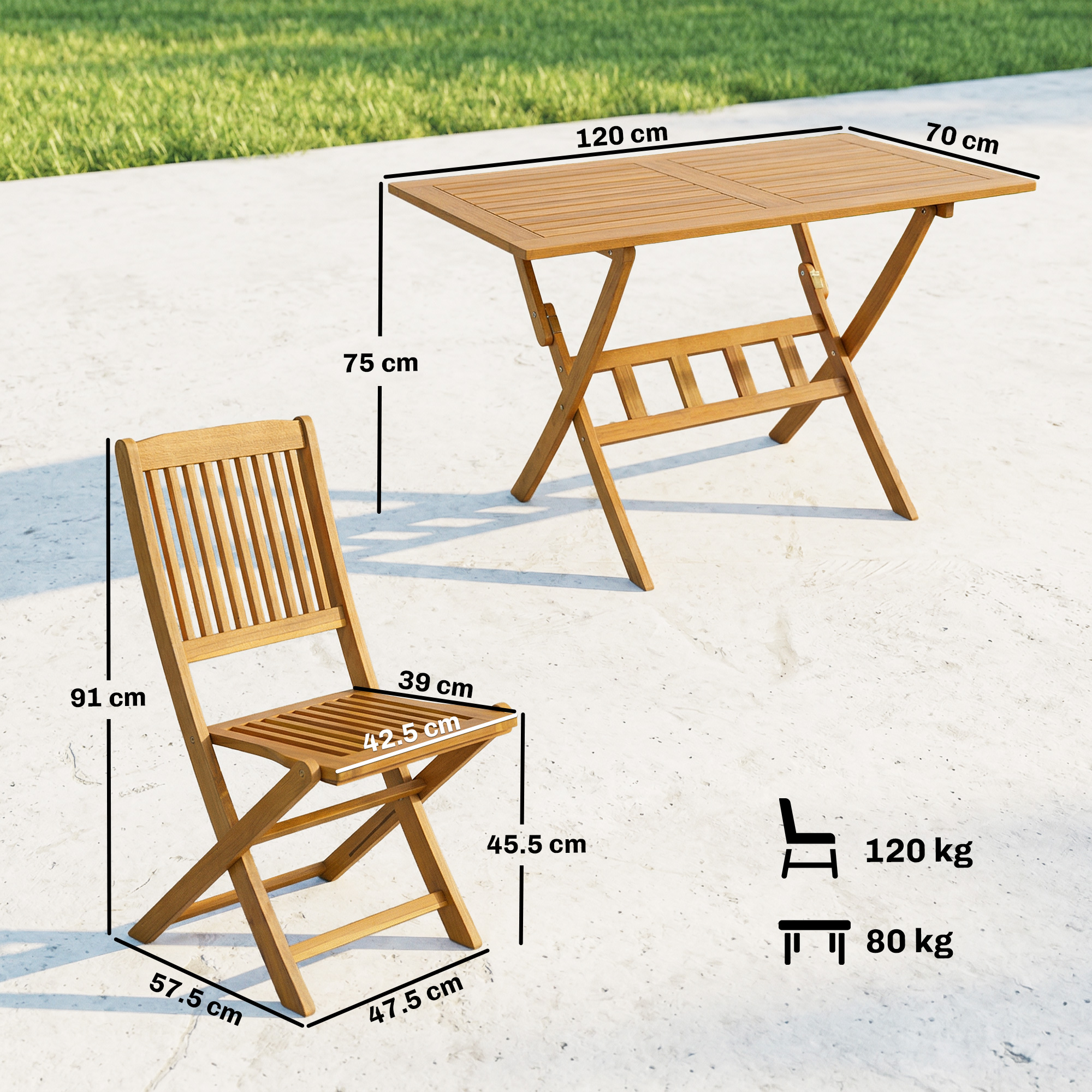 Un tavolo pieghevole in legno (120x70x75cm) e sedia (57.5x47.5x91cm) con dimensioni.