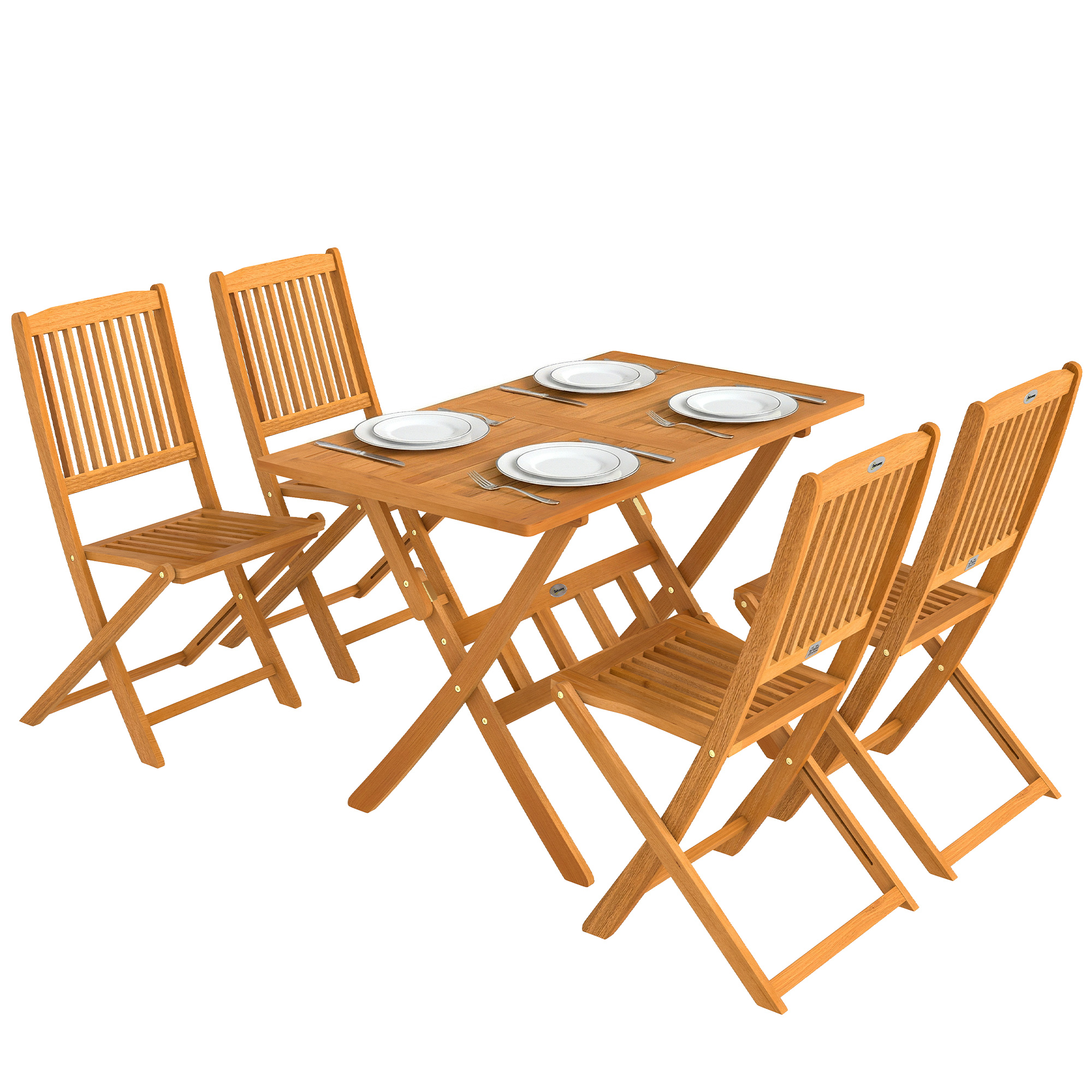 Un tavolo da pranzo in legno con quattro sedie e segnaposto su sfondo bianco.