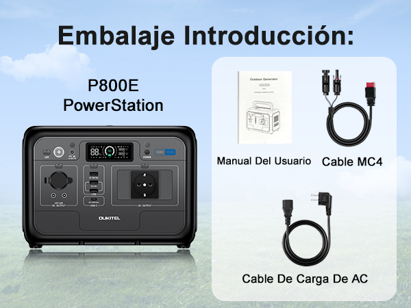 OUKITEL P800E PowerStation con manual de usuario, cable MC4 y cable de carga AC.