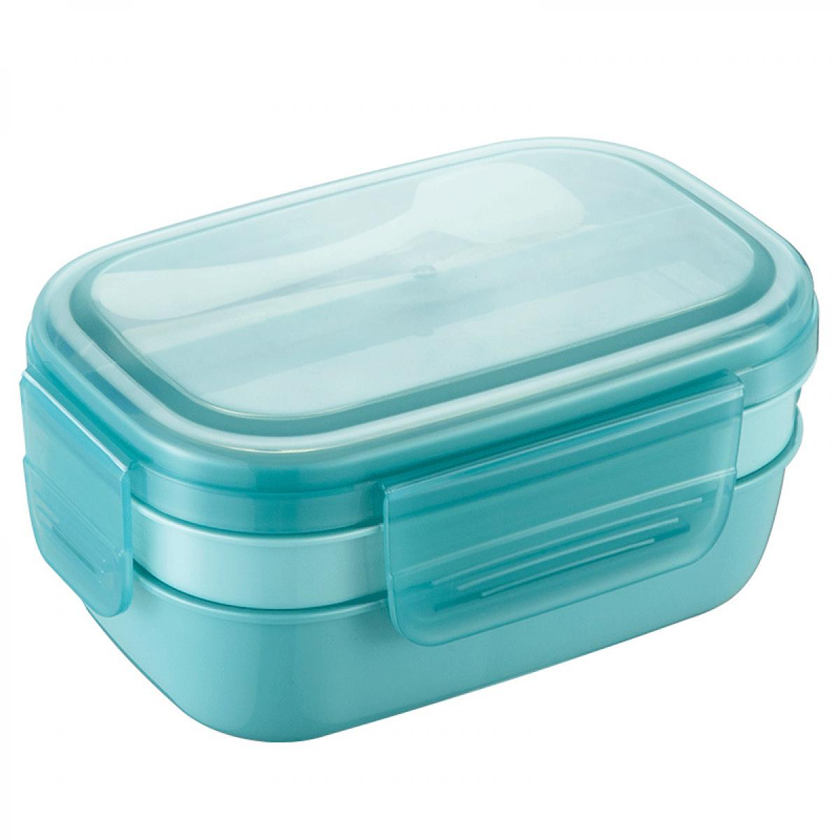 Ein türkisfarbener Lunchbox mit transparentem Deckel und Clipverschlüssen.